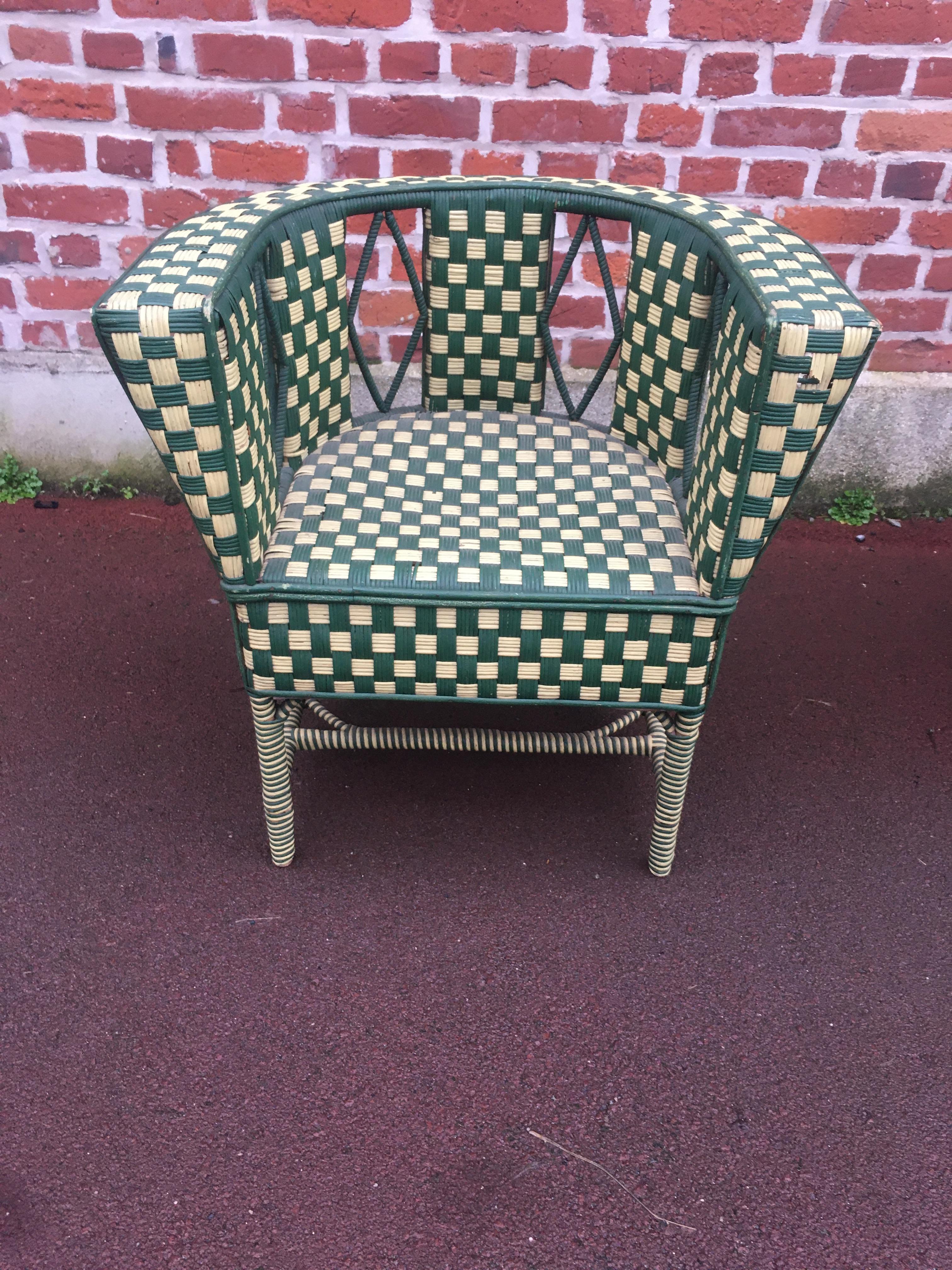 French Pair of Art Deco Rattan Armchairs, circa 1930 For Sale