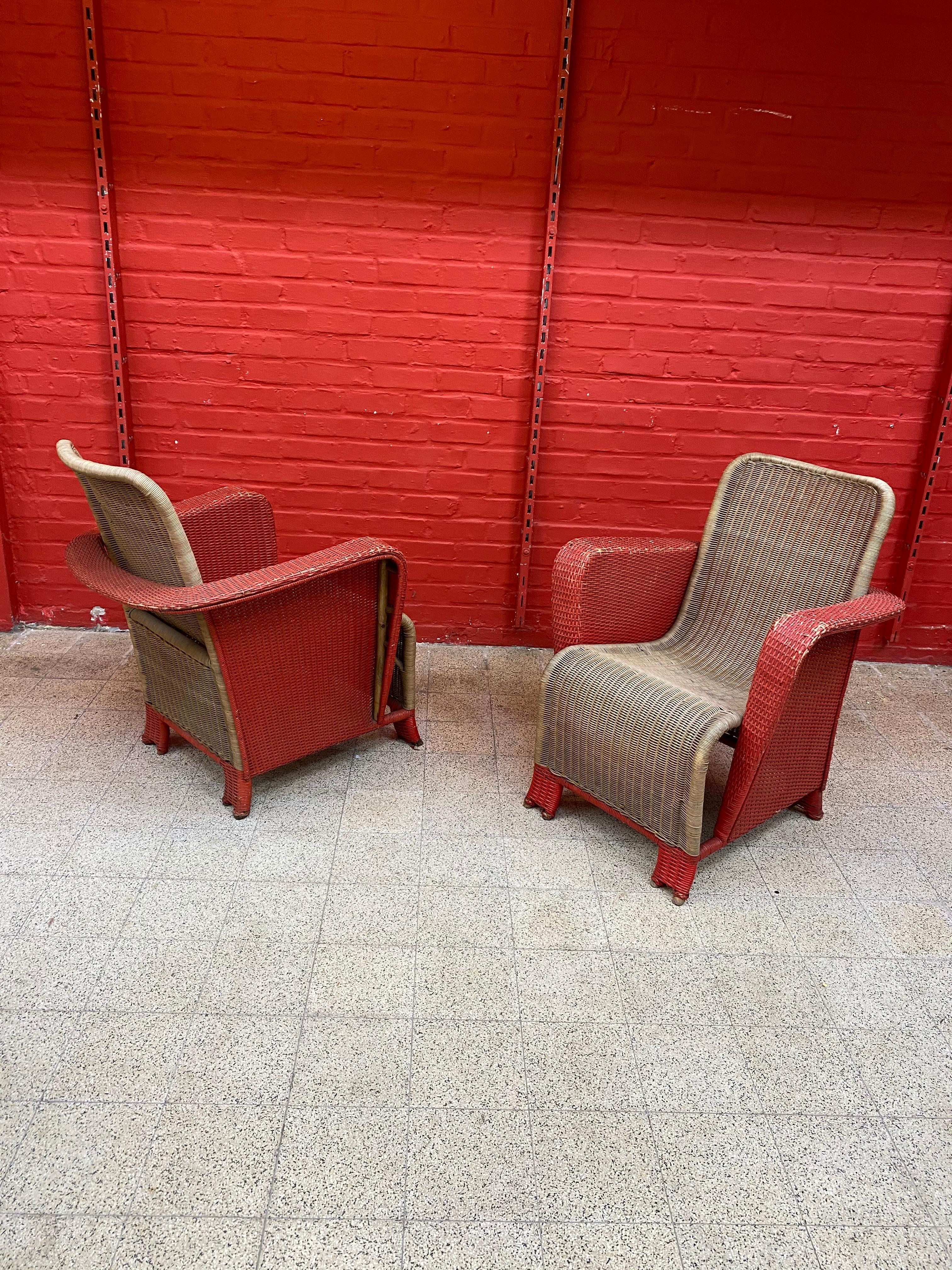 French Pair of Art Deco Rattan Armchairs, circa 1930 For Sale