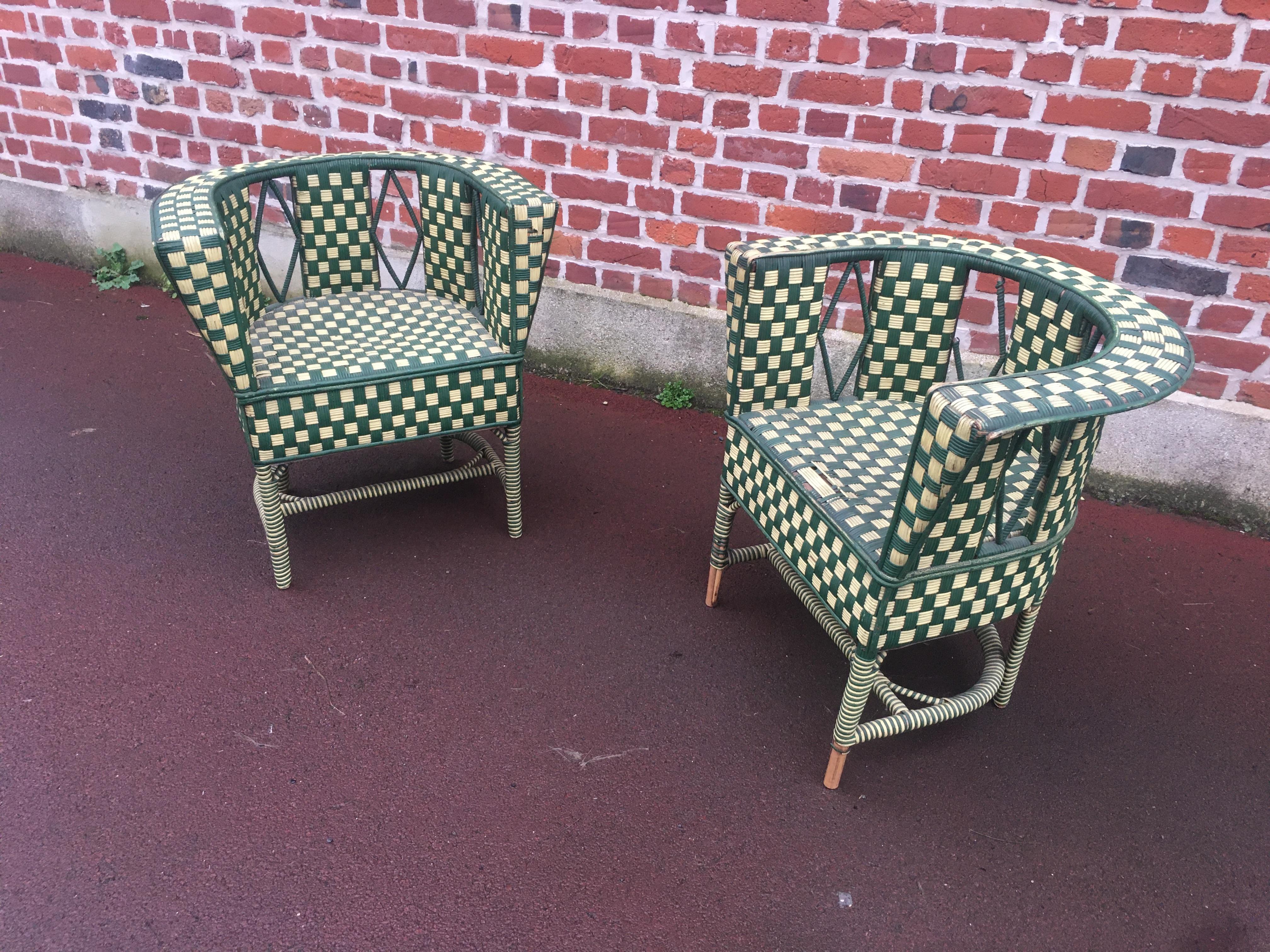 Metà XX secolo Coppia di poltrone in rattan Art Déco, 1930 circa in vendita