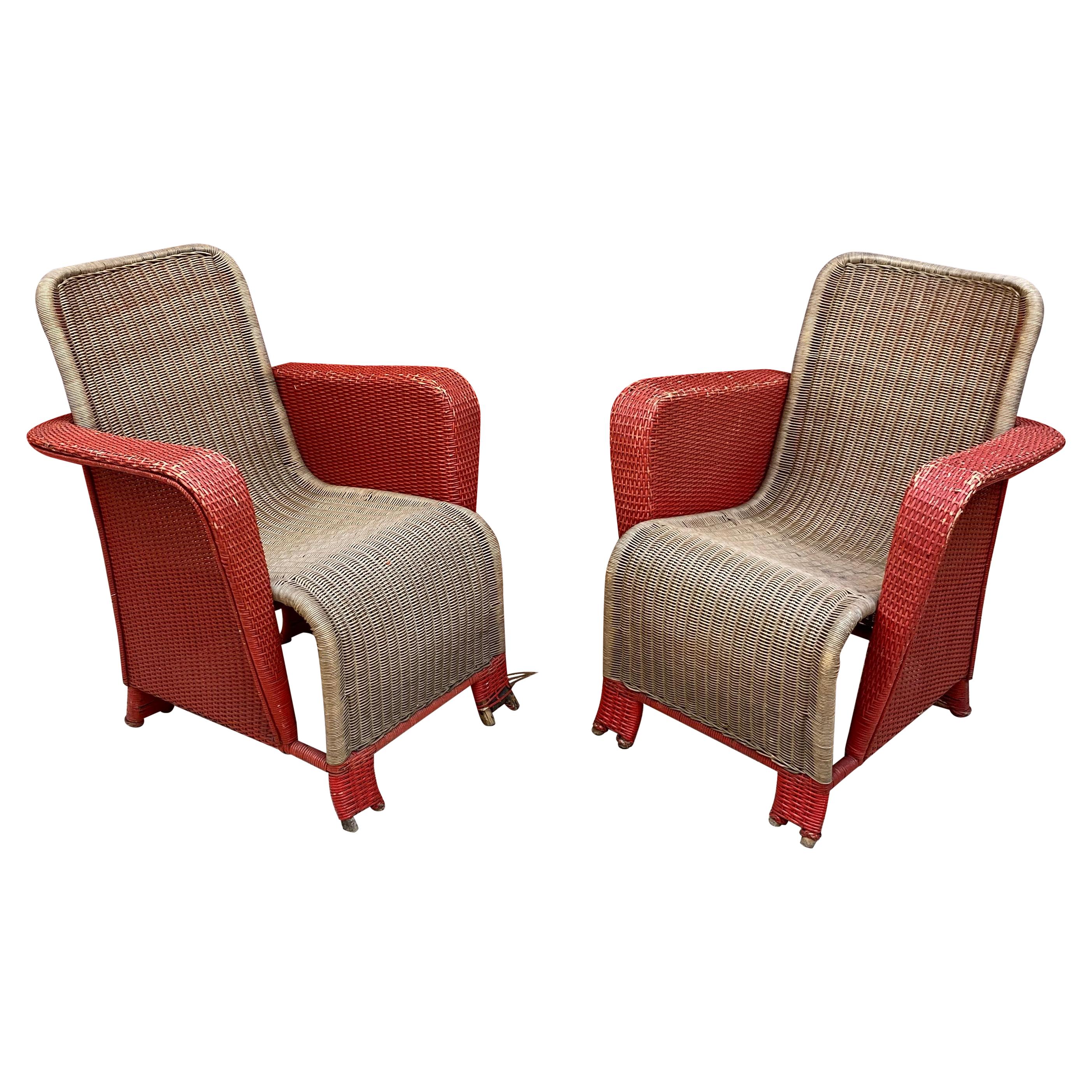 Pair of Art Deco Rattan Armchairs, circa 1930 For Sale