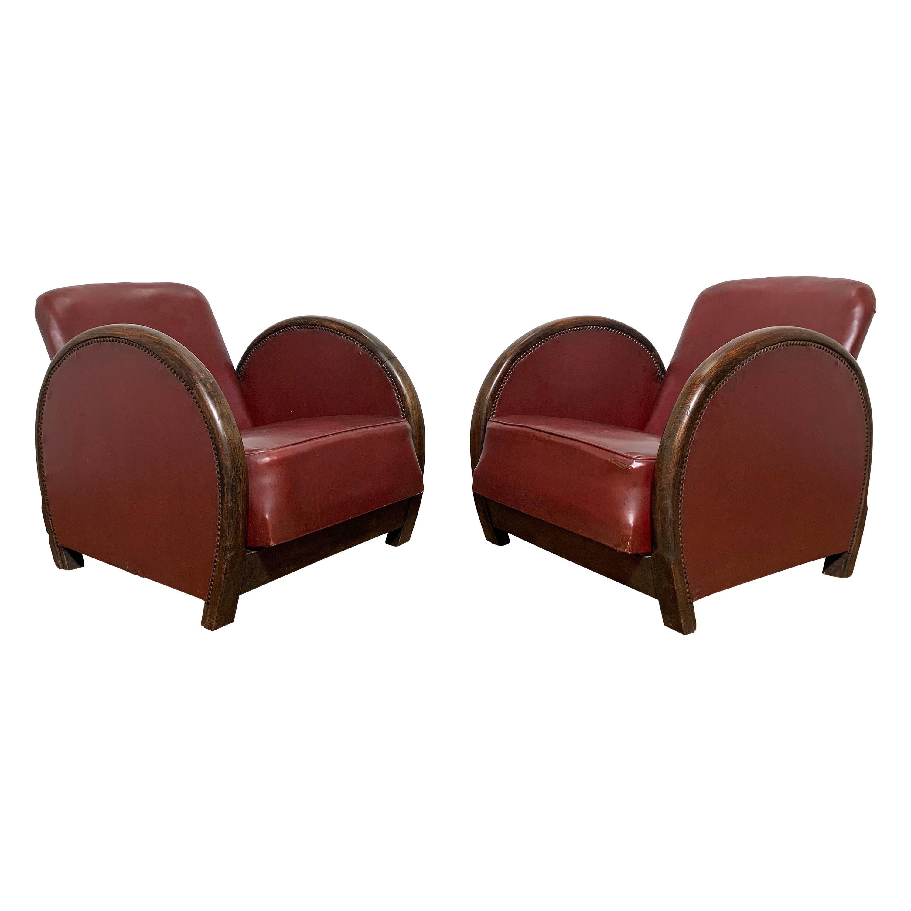 Pair of Art Deco Reclining Leather and Walnut Lounge Chairs, Ca. 1930s