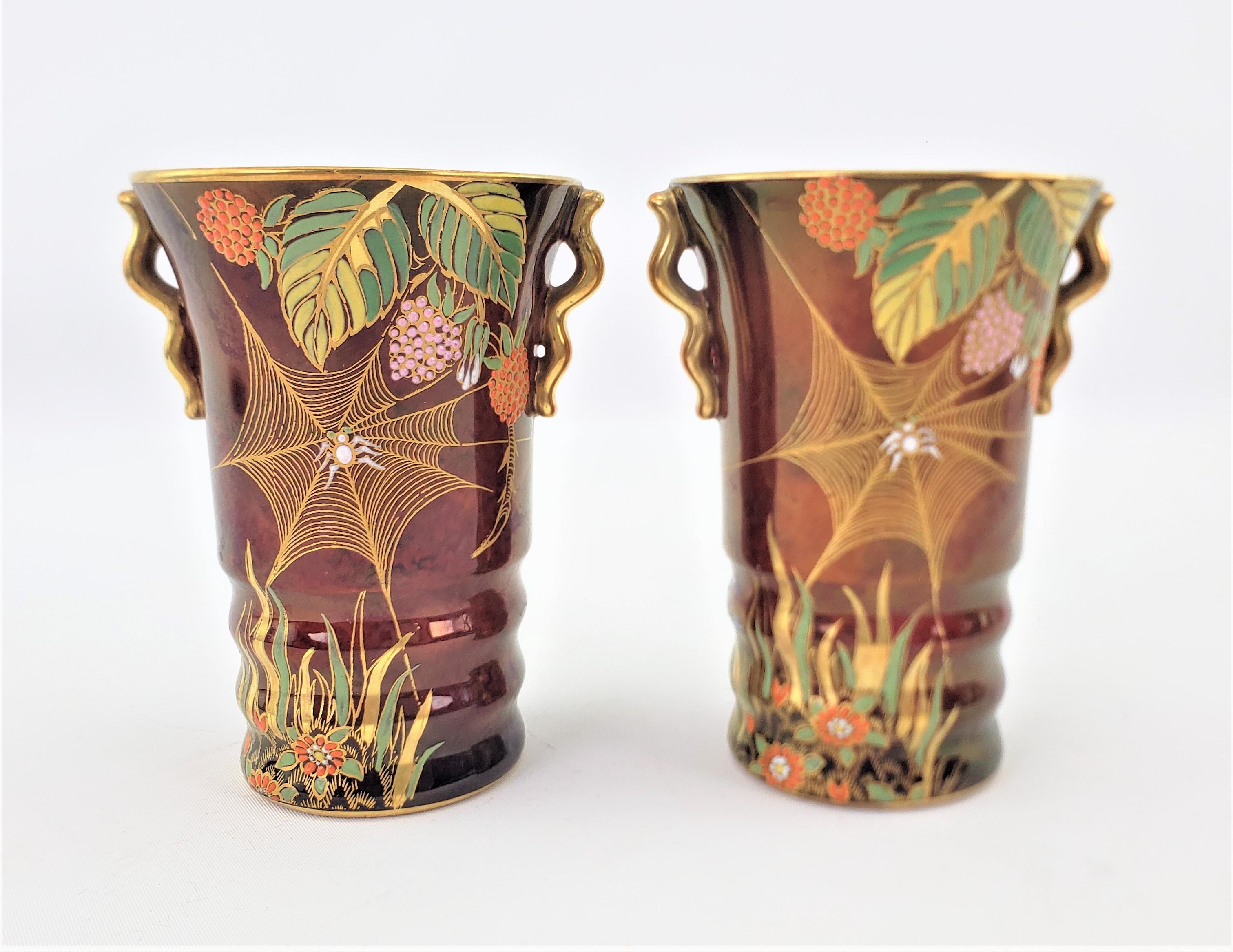 Hand-Painted Pair of Art Deco Red Carltonware Rouge Royale Spider Web Luster Vases For Sale