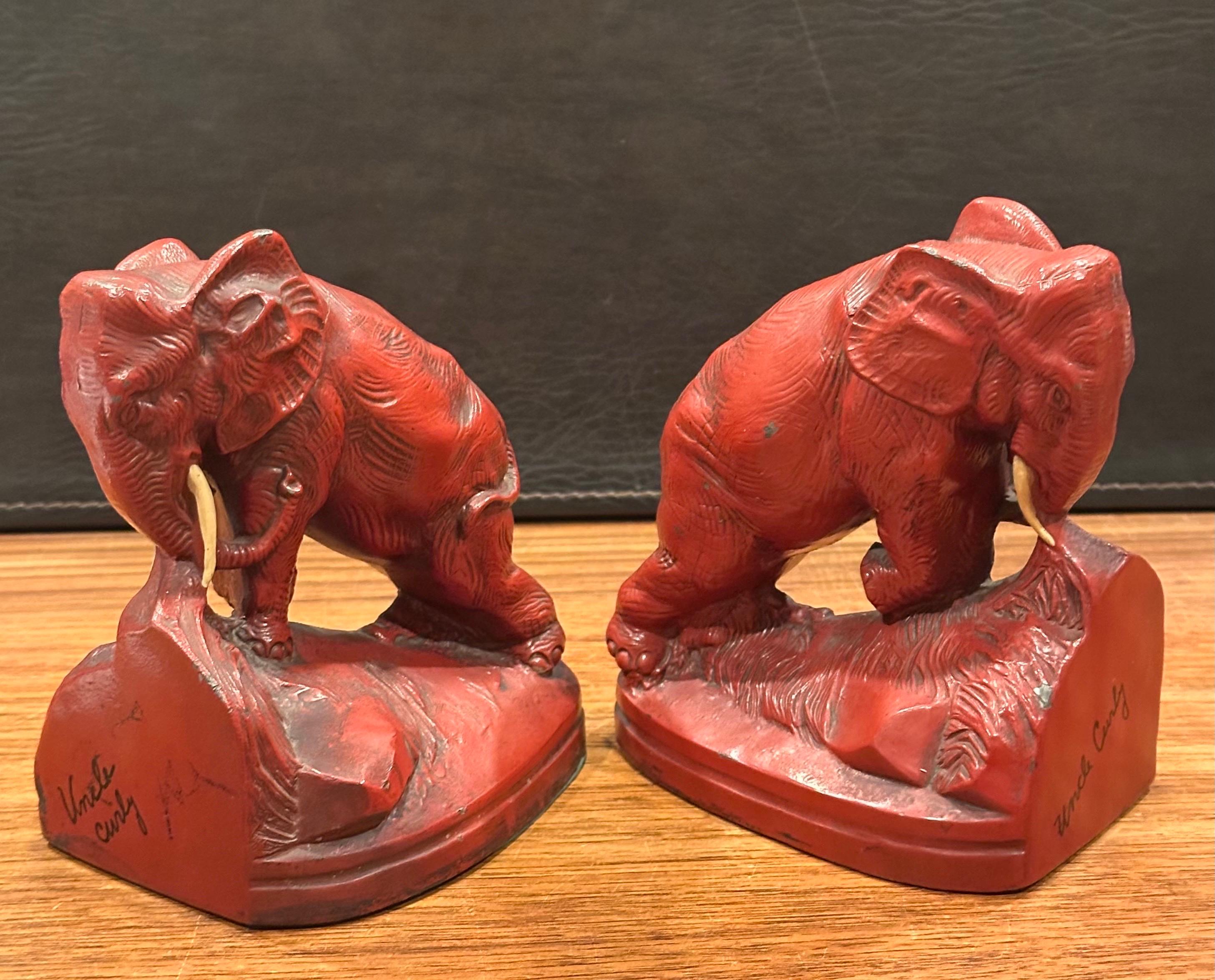 Pair of Art Deco Red Painted Charging Elephant Bookends For Sale 4