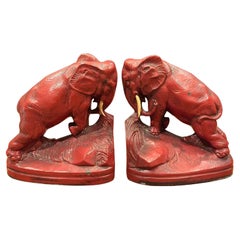 Pair of Art Deco Red Painted Charging Elephant Bookends