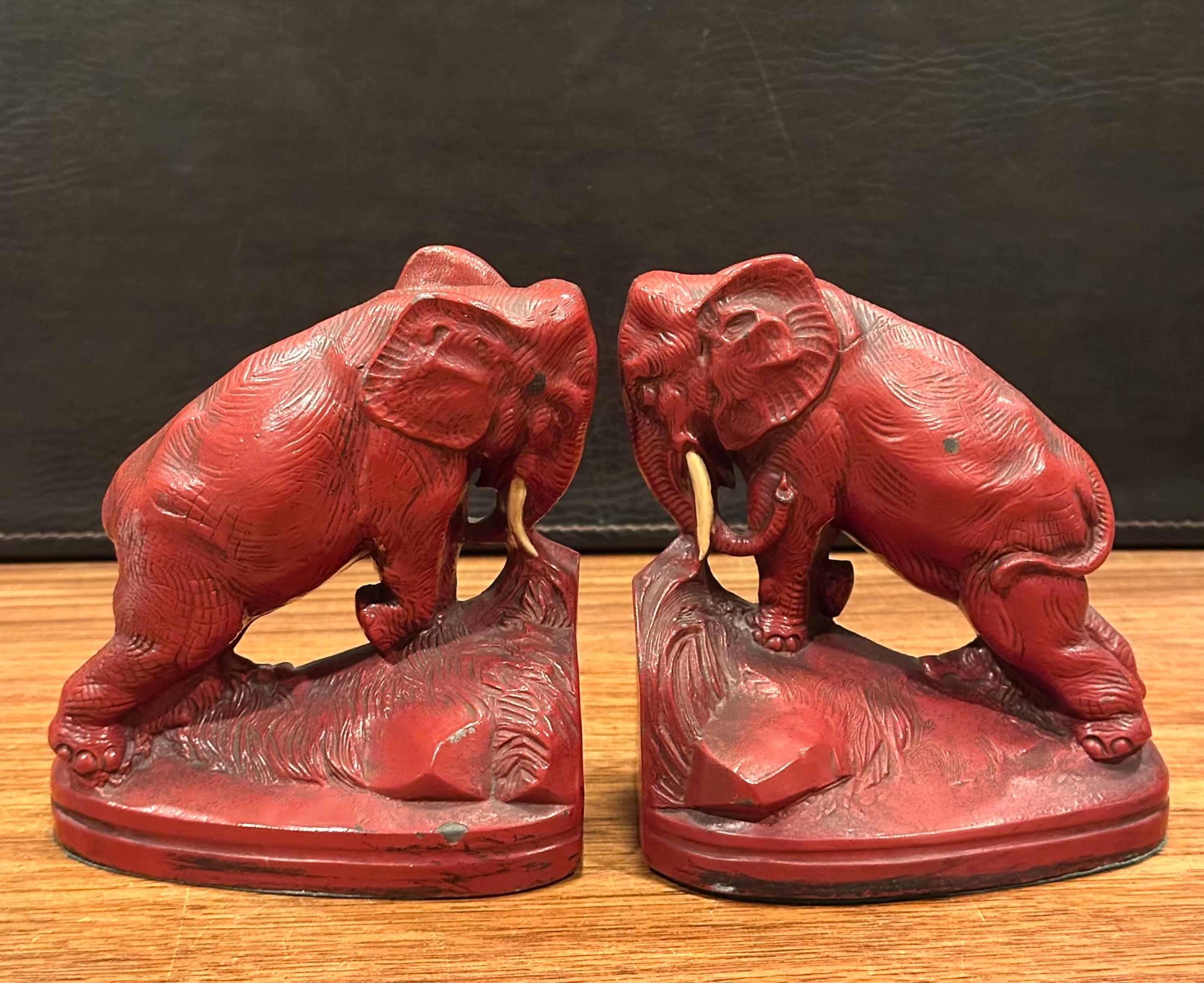 Pair of Art Deco Red Painted Charging Elephant Bookends For Sale 2