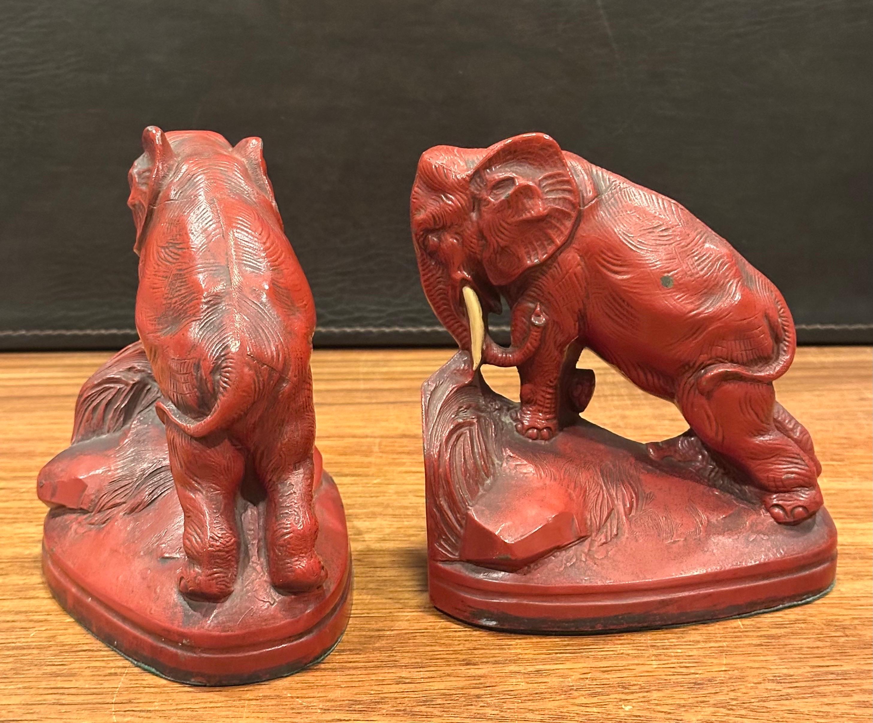 Pair of Art Deco Red Painted Charging Elephant Bookends For Sale 3