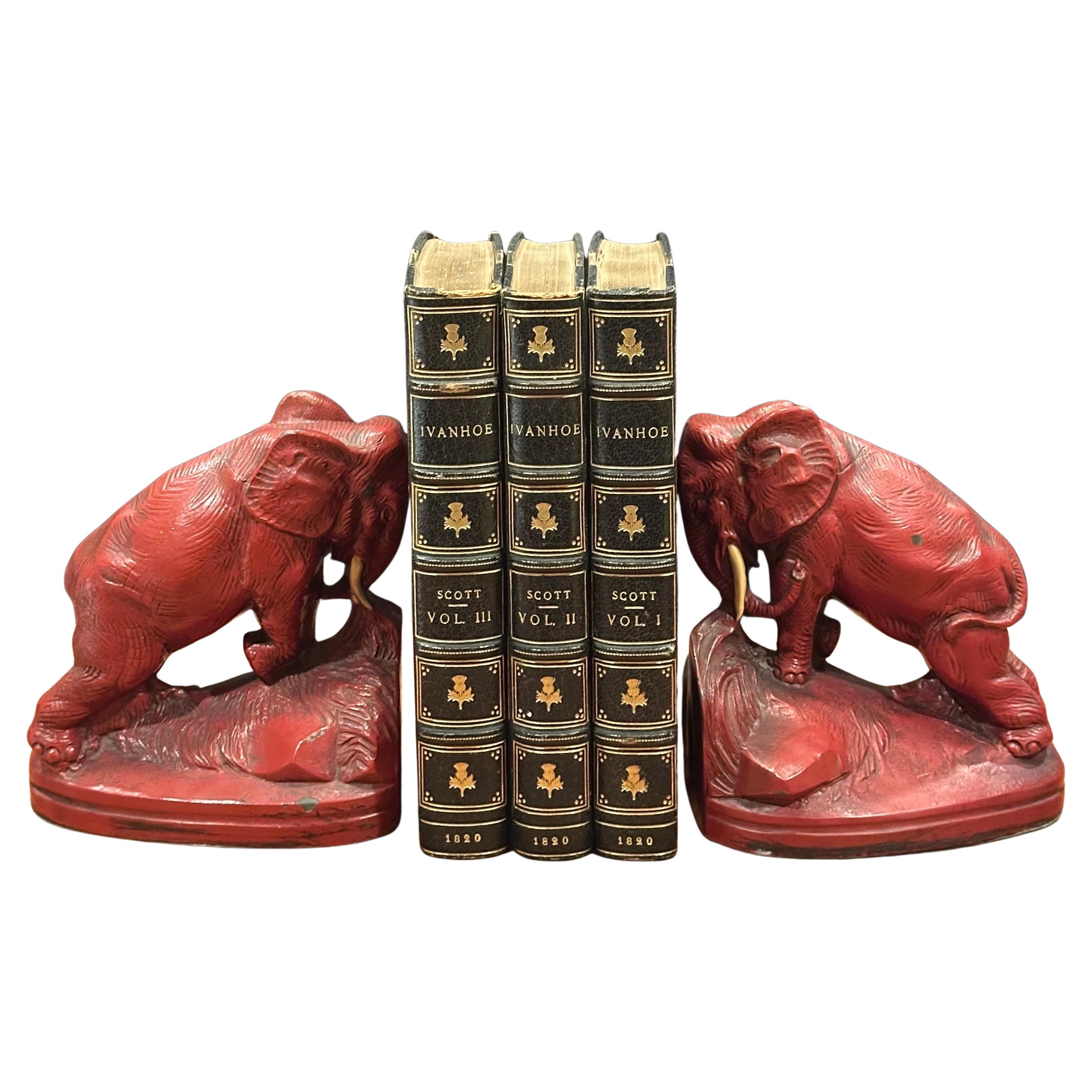 Pair of Art Deco Red Painted Charging Elephant Bookends