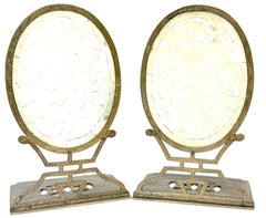 Pair of Art Deco Republic Chinese Carved Pale Jade Stone & Brass Bookends