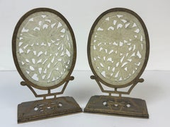 Pair of Art Deco Republic Chinese Carved Pale Jade Stone & Brass Bookends