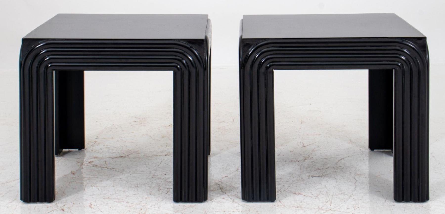 Pair of Art Deco Revival black lacquered tables, a pair (20) each of square form, the sides and legs with a channel-carved 'rainbow