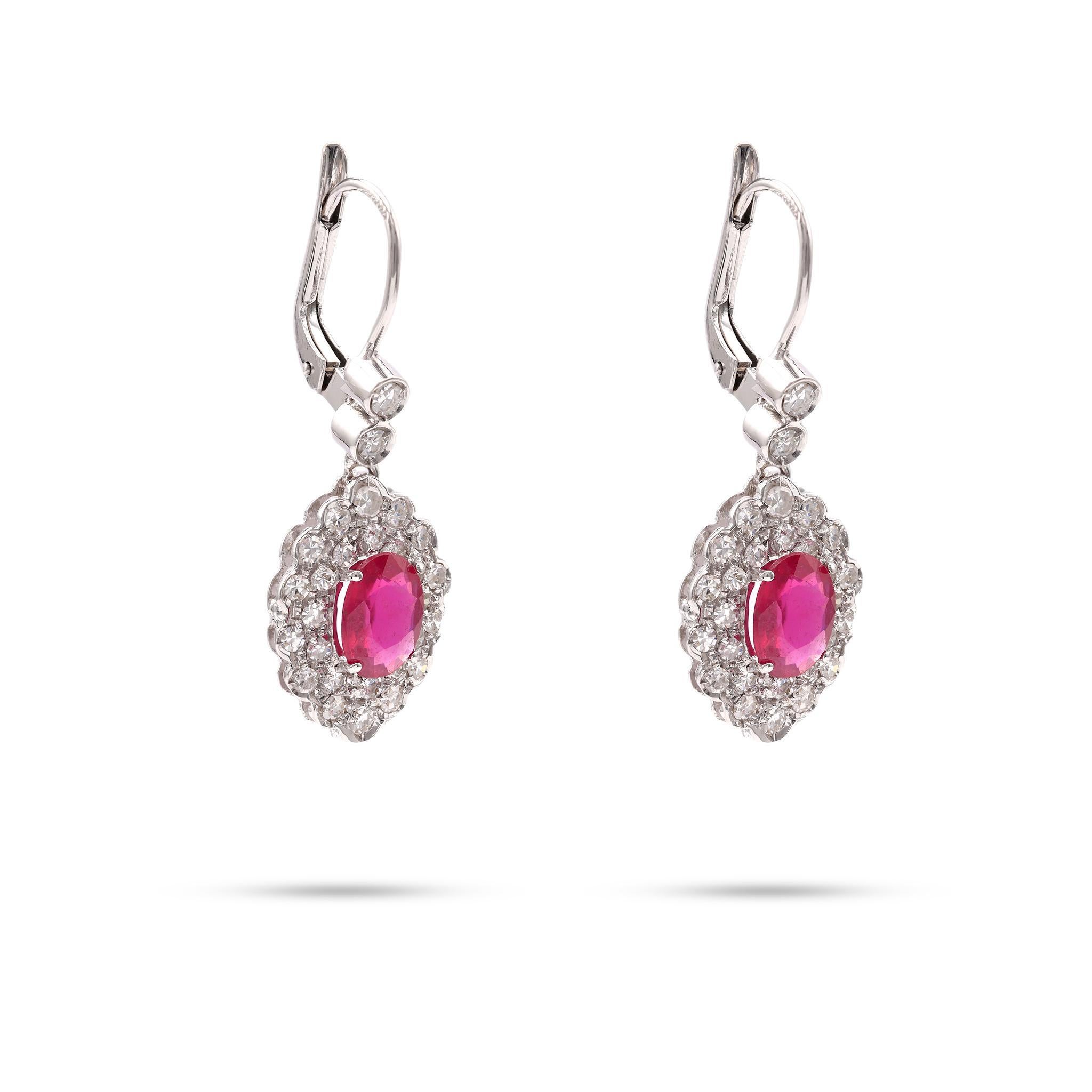 Mixed Cut Pair of Art Deco Revival Ruby Diamond 18k White Gold Drop Earrings For Sale