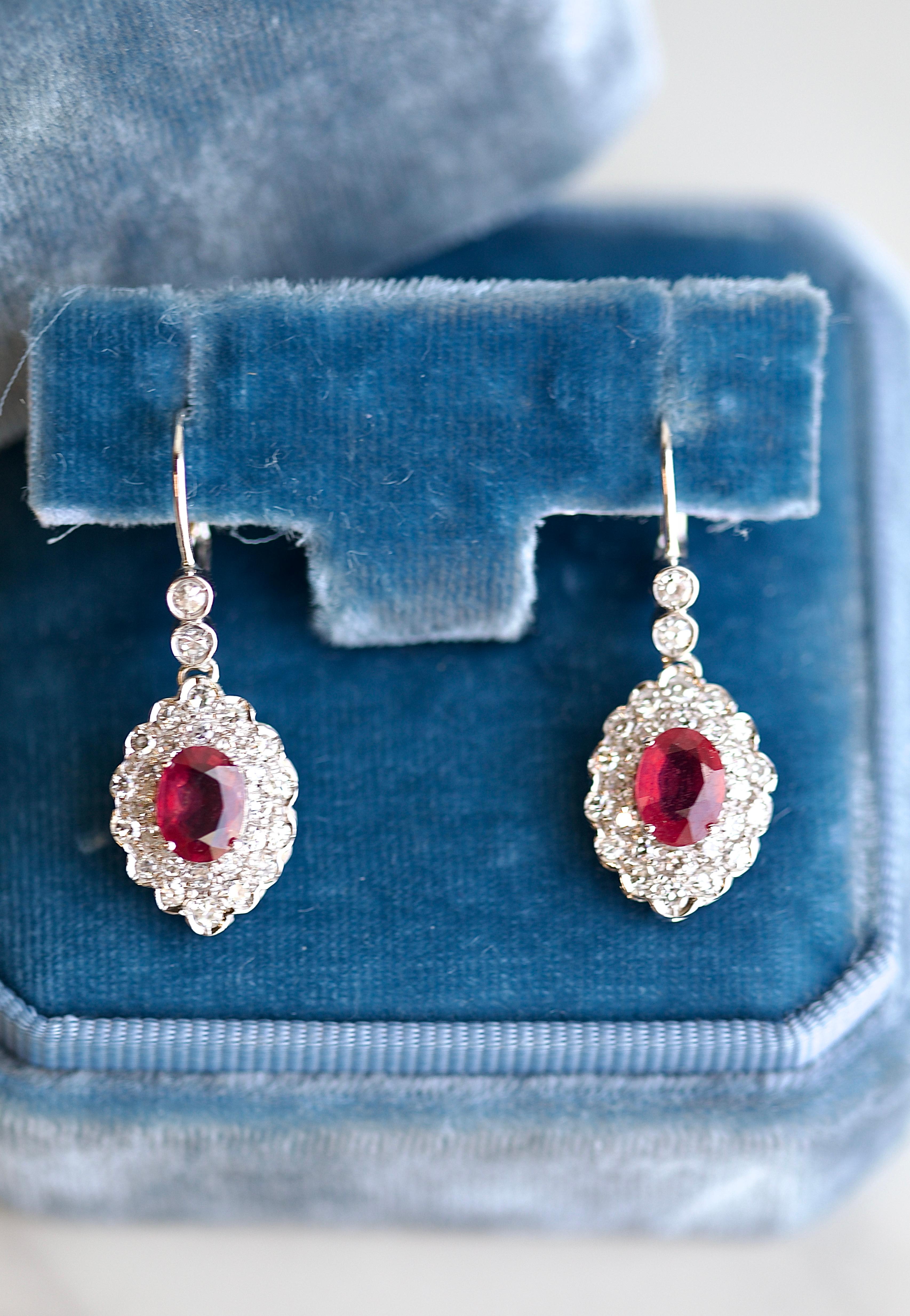 Pair of Art Deco Revival Ruby Diamond 18k White Gold Drop Earrings In Excellent Condition For Sale In Beverly Hills, CA