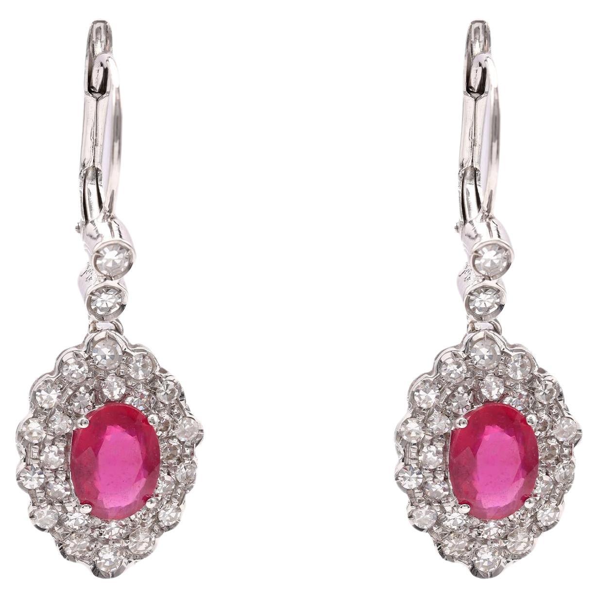 Pair of Art Deco Revival Ruby Diamond 18k White Gold Drop Earrings For Sale