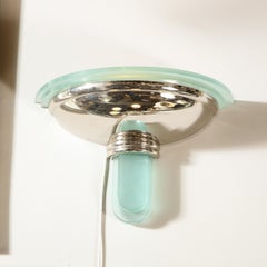 Pair of Art Deco Revival Streamlined Chrome & Celadon Blue Glass Sconces