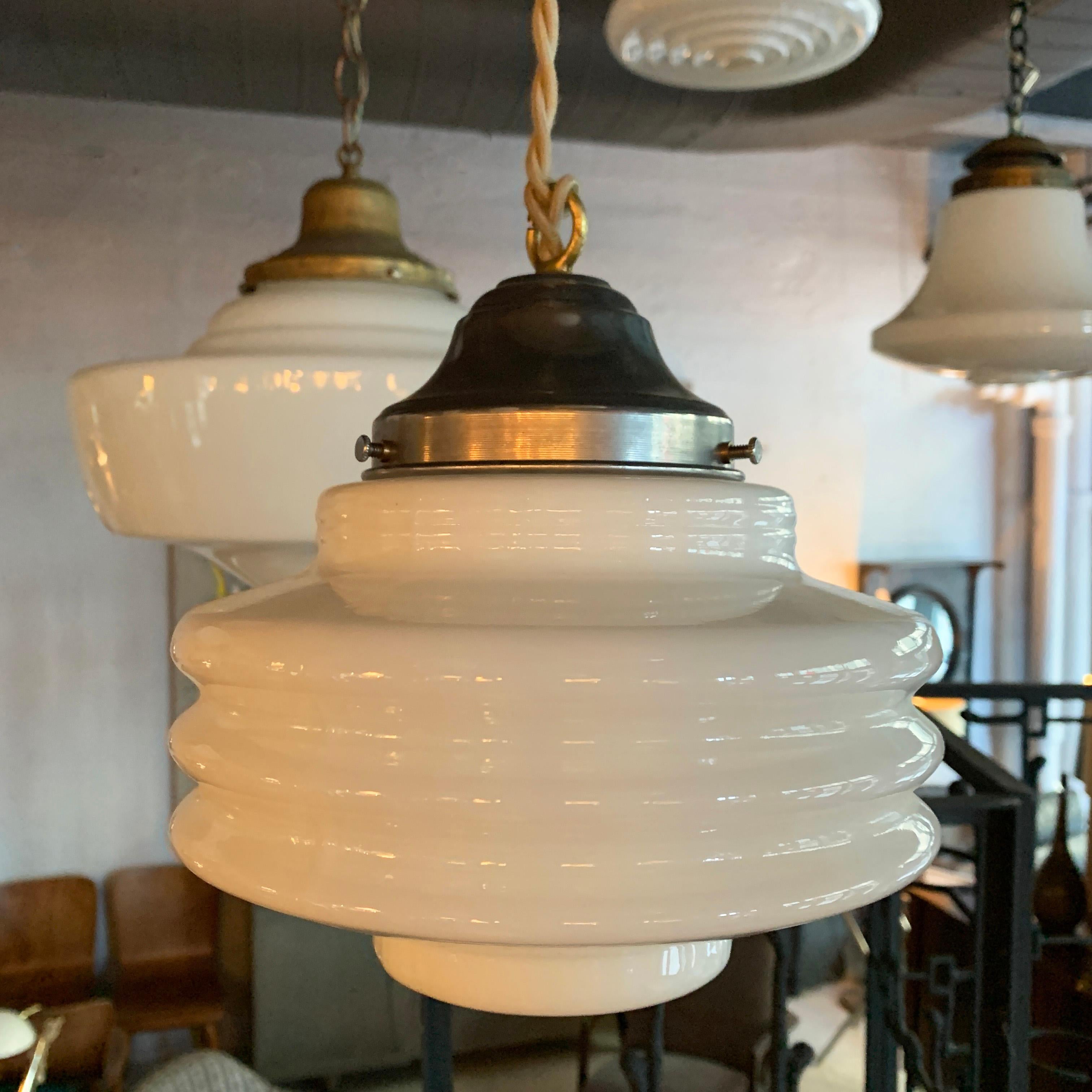 Pair of Art Deco Ridged Milk Glass Pendant Lights 3