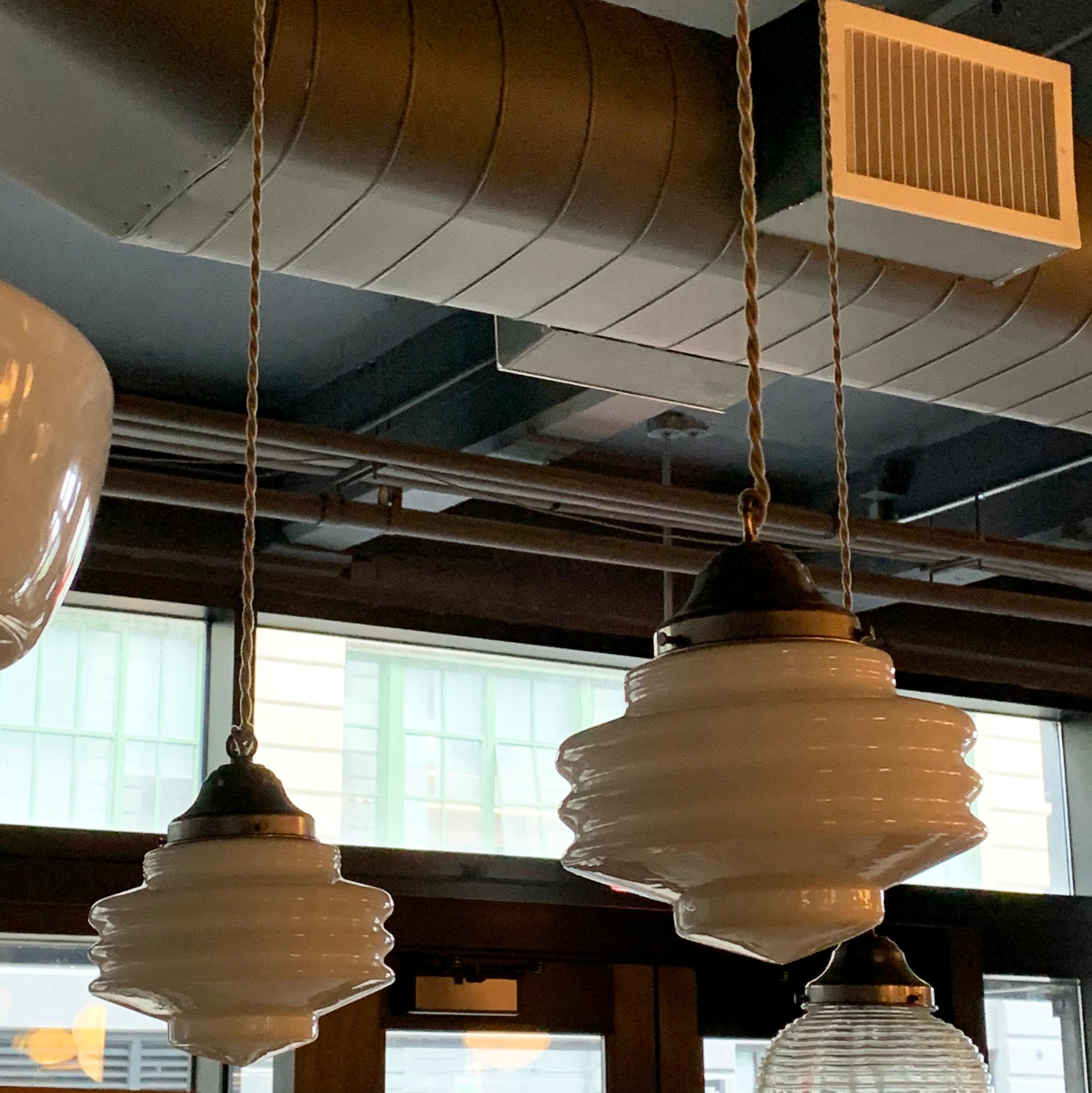 Pair of Art Deco Ridged Milk Glass Pendant Lights In Good Condition In Brooklyn, NY