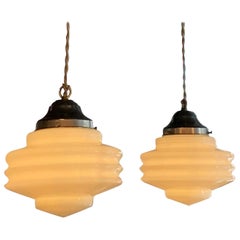 Antique Pair of Art Deco Ridged Milk Glass Pendant Lights