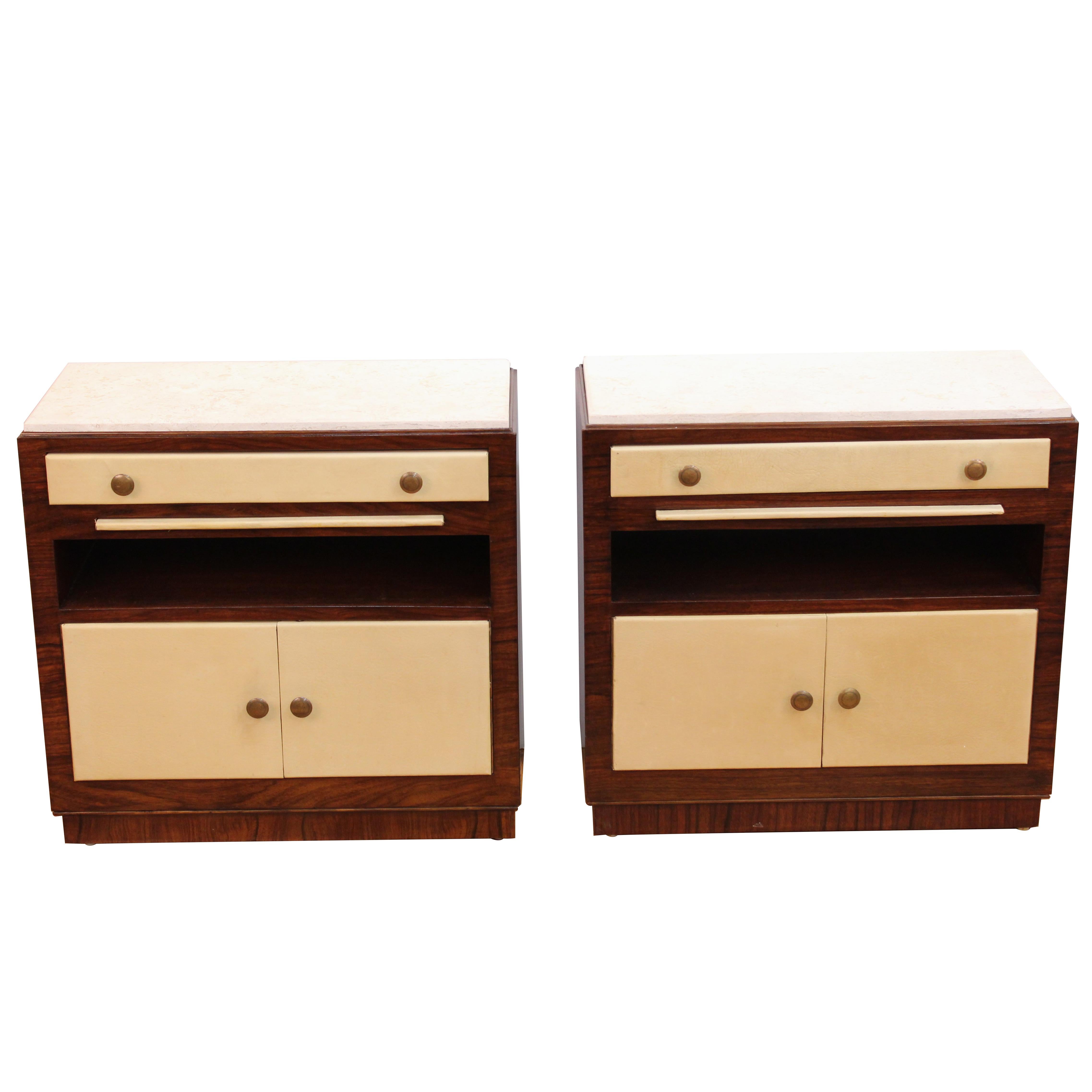 Pair of Art Deco Rosewood and Leather Nightstands with Marble Tops