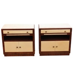 Pair of Art Deco Rosewood and Leather Nightstands with Marble Tops