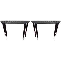 Pair of Art Deco Round Black Wood Italian Console Table, 1930