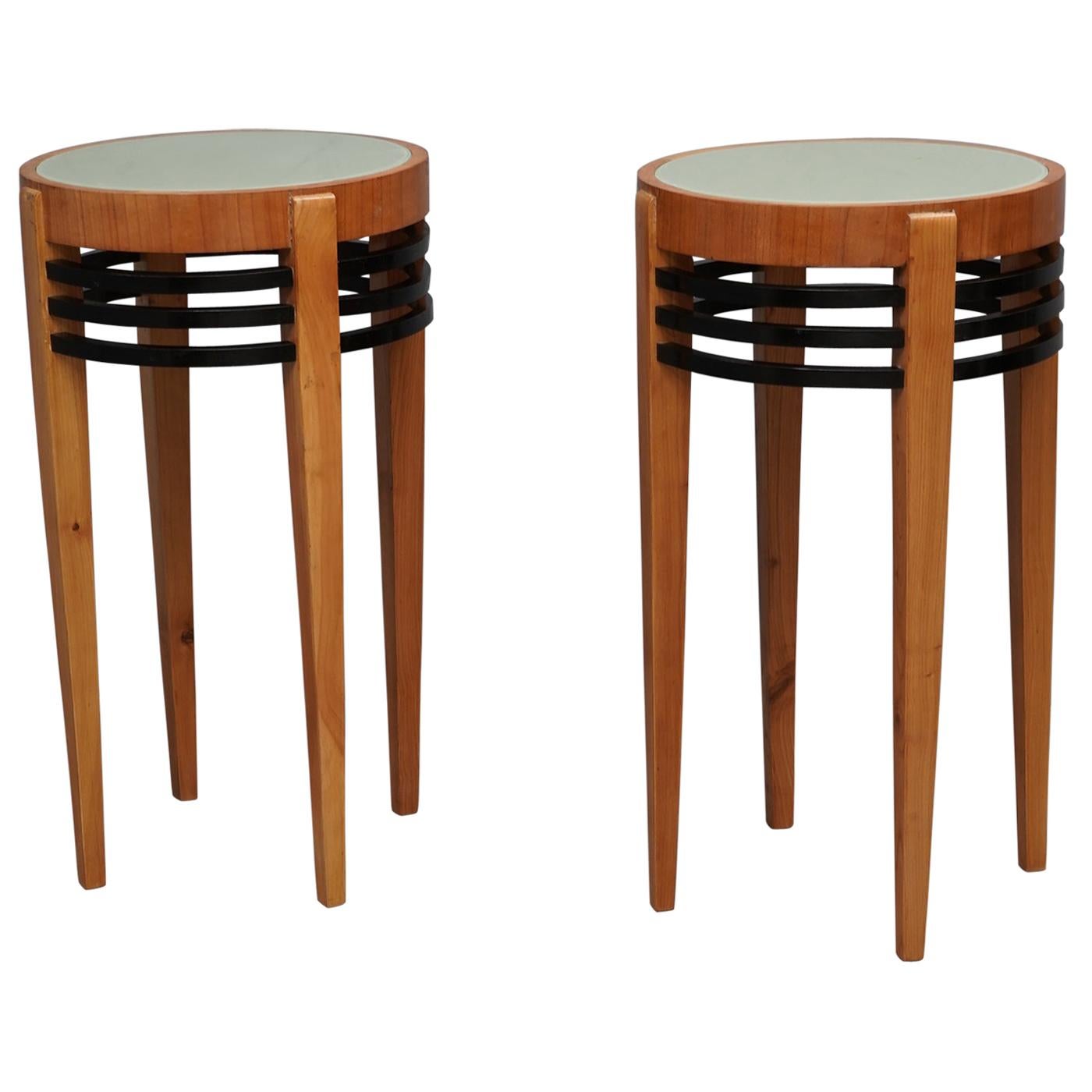 Pair of Art Deco Round Cherrywood and Glass Side Tables, 1930