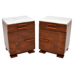 Pair of Art Deco Satin Birch Marble Top Bedside / Side Cabinets