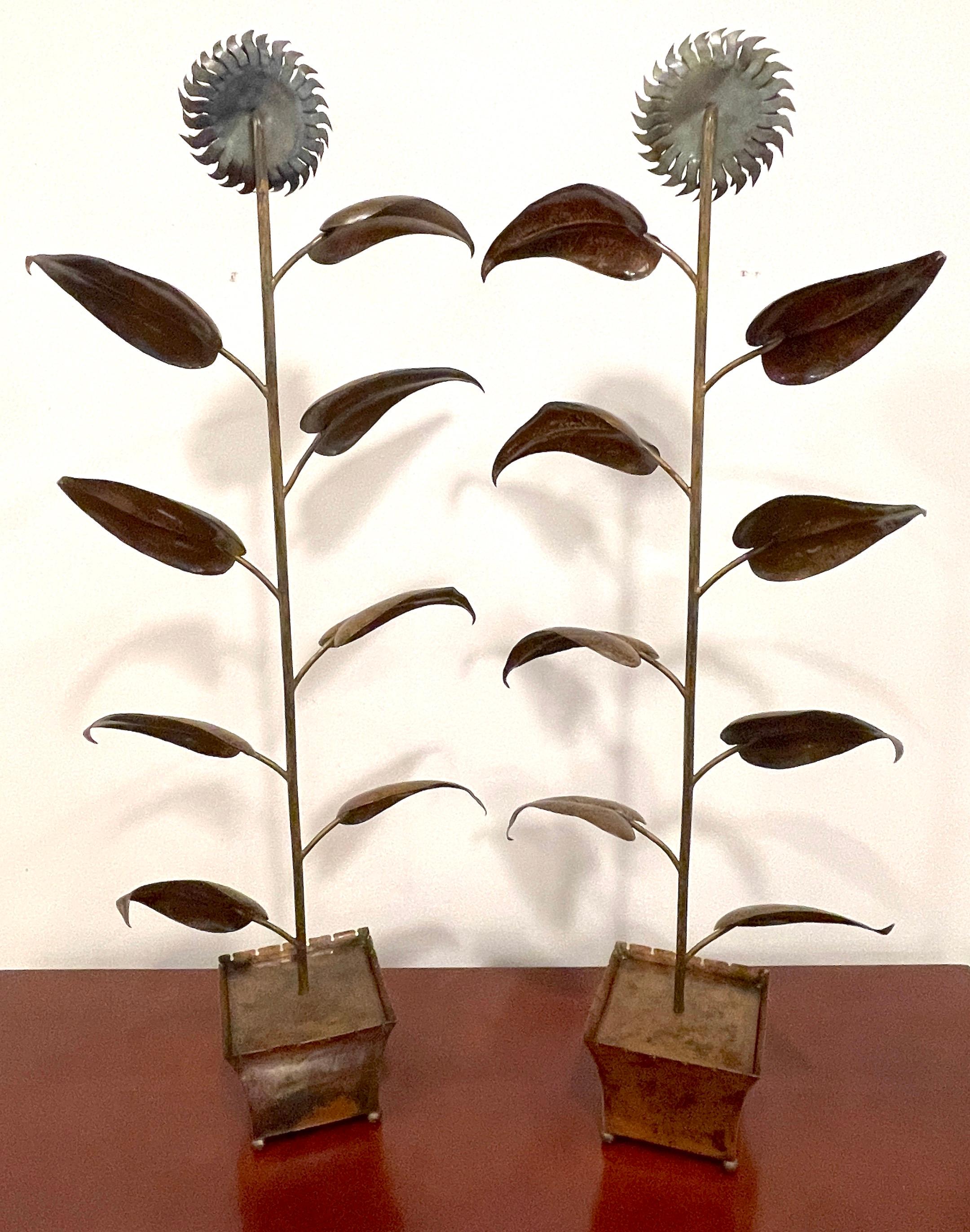 Pair of Art Deco Scandinavian Copper Sunflower Topiaries, Signed E. A. Liden In Good Condition In West Palm Beach, FL