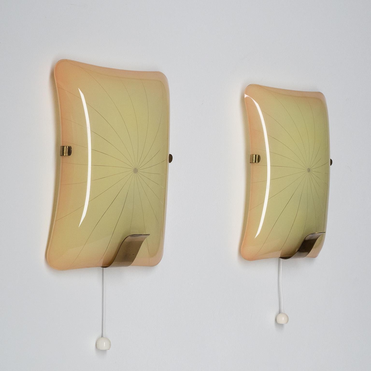 Pair of Art Deco Sconces, 1940s, Enameled Glass and Brass 9