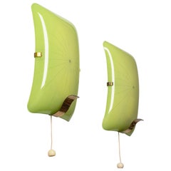 Pair of Art Deco Sconces, 1940s, Enameled Glass and Brass Pair of Art Deco Sconces, 1940s, Enameled Glass and Brass