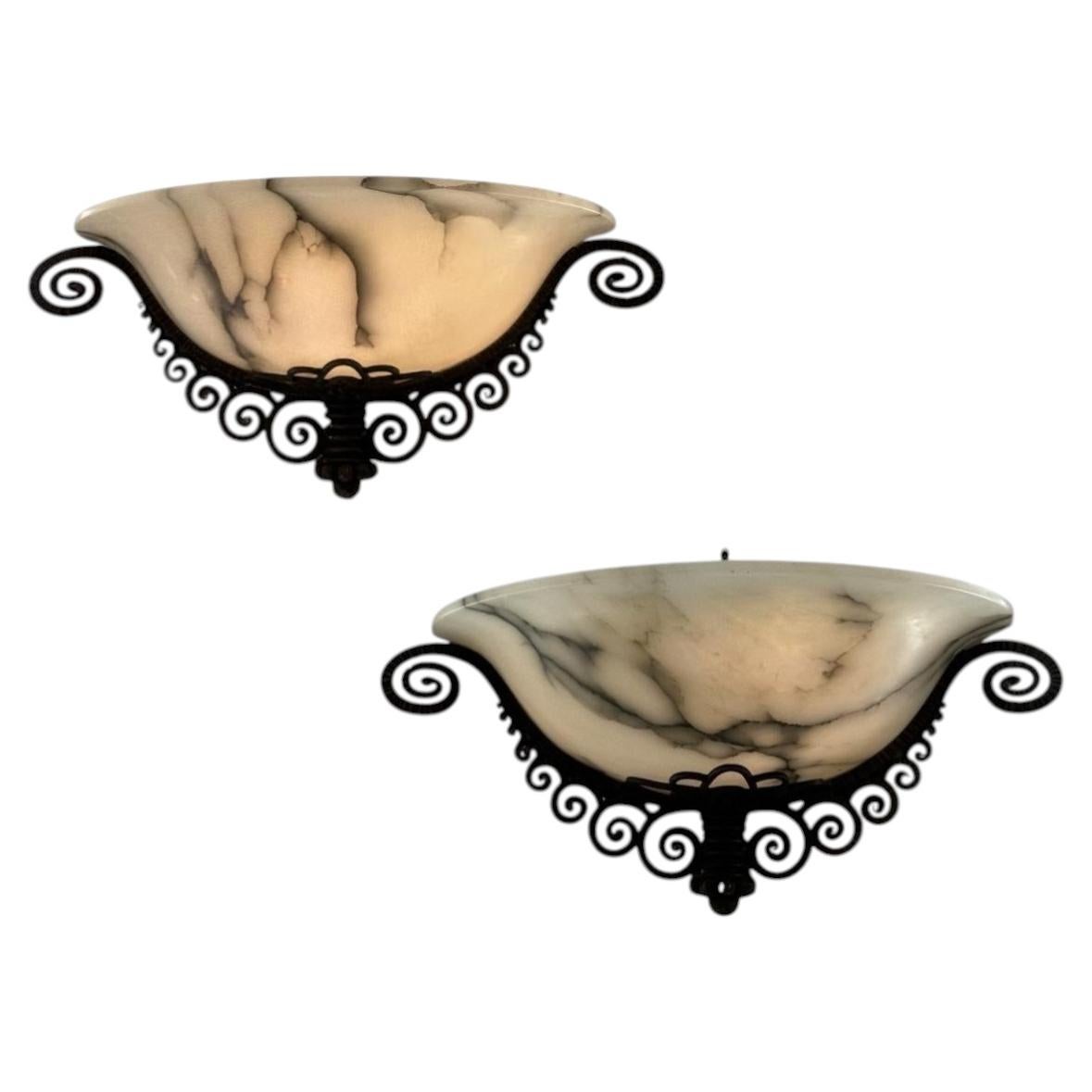 Art Deco Wall Sconces by Paul Kiss, Alabaster & Wrought Iron, 1925