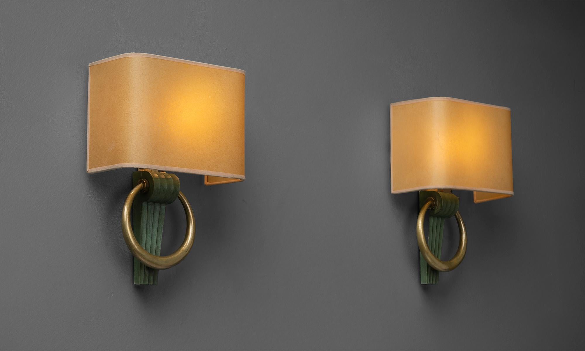 Brass Pair of Art Deco Sconces, France circa 1940 For Sale
