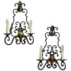 Pair of Art Deco Sconces French Wall Lights Wrought Iron Appliques, circa 1930