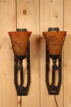 Pair Of Art Deco Sconces From Daum And Wrought Iron