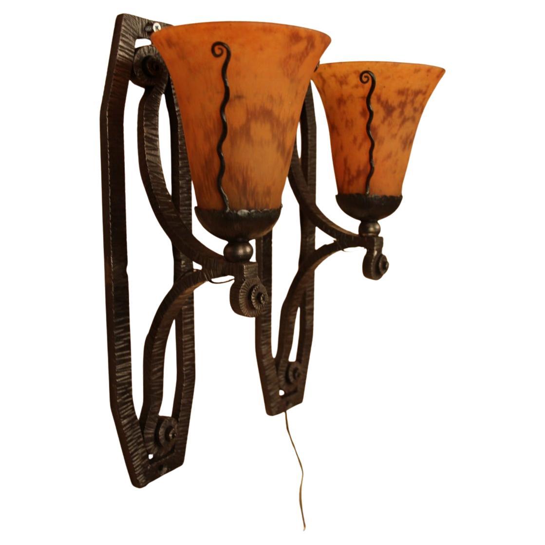 Pair Of Art Deco Sconces From Daum And Wrought Iron For Sale
