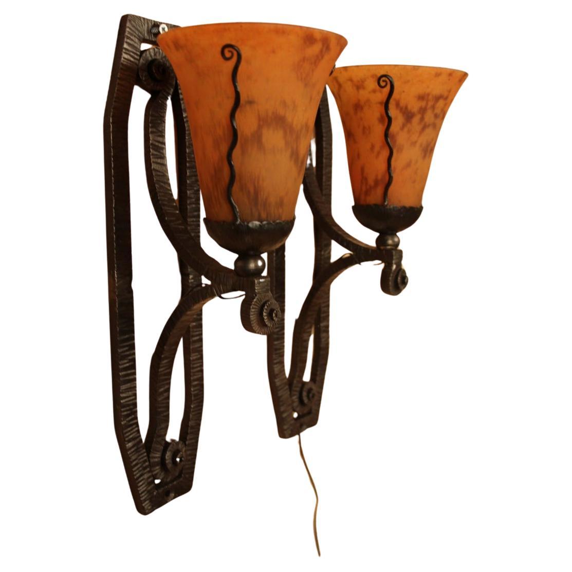 Pair Of Art Deco Sconces From Daum And Wrought Iron For Sale