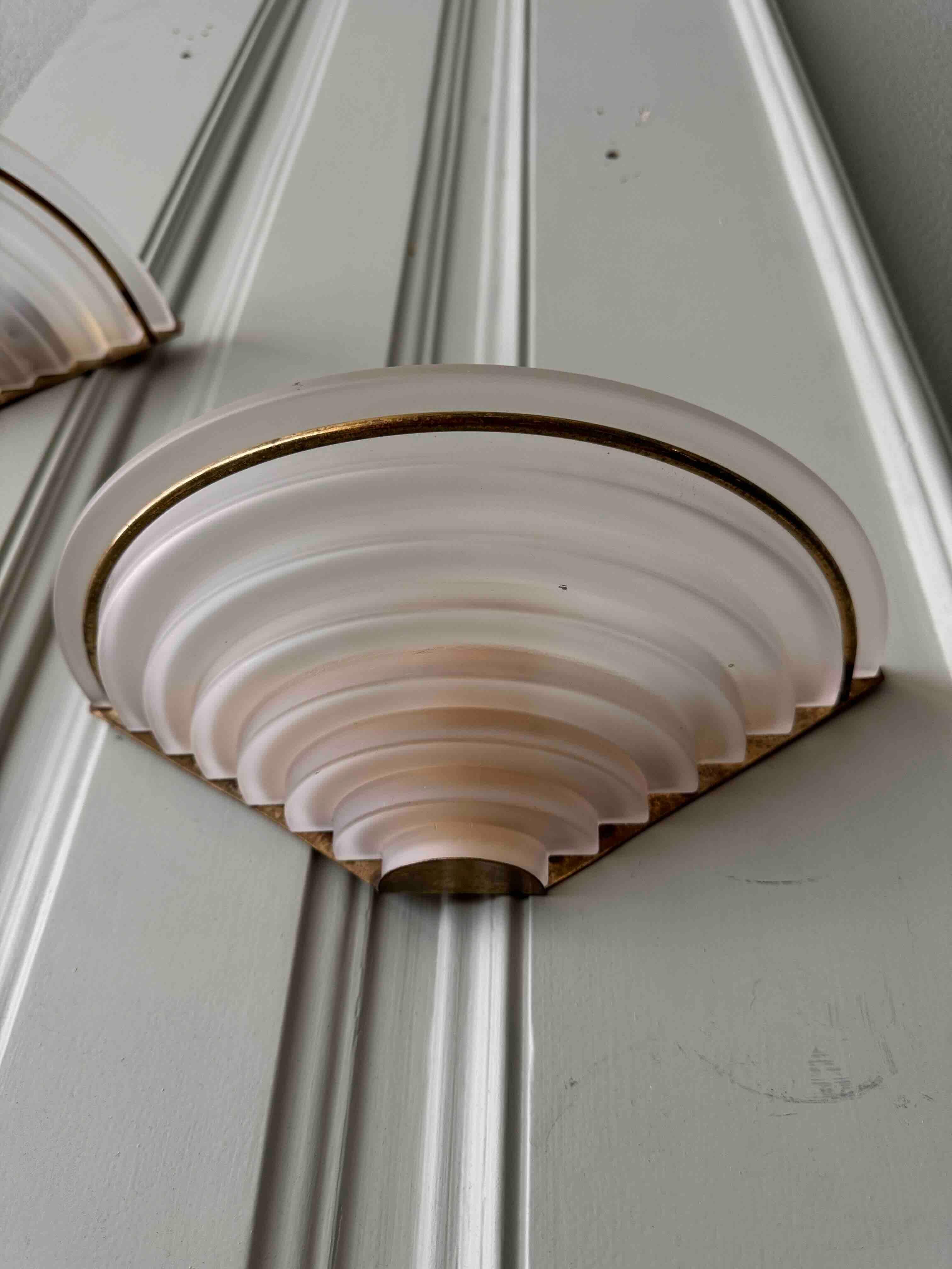 Pair of Art Deco Sconces in Brass and Frosted Glass, 1940's Portugal For Sale 5