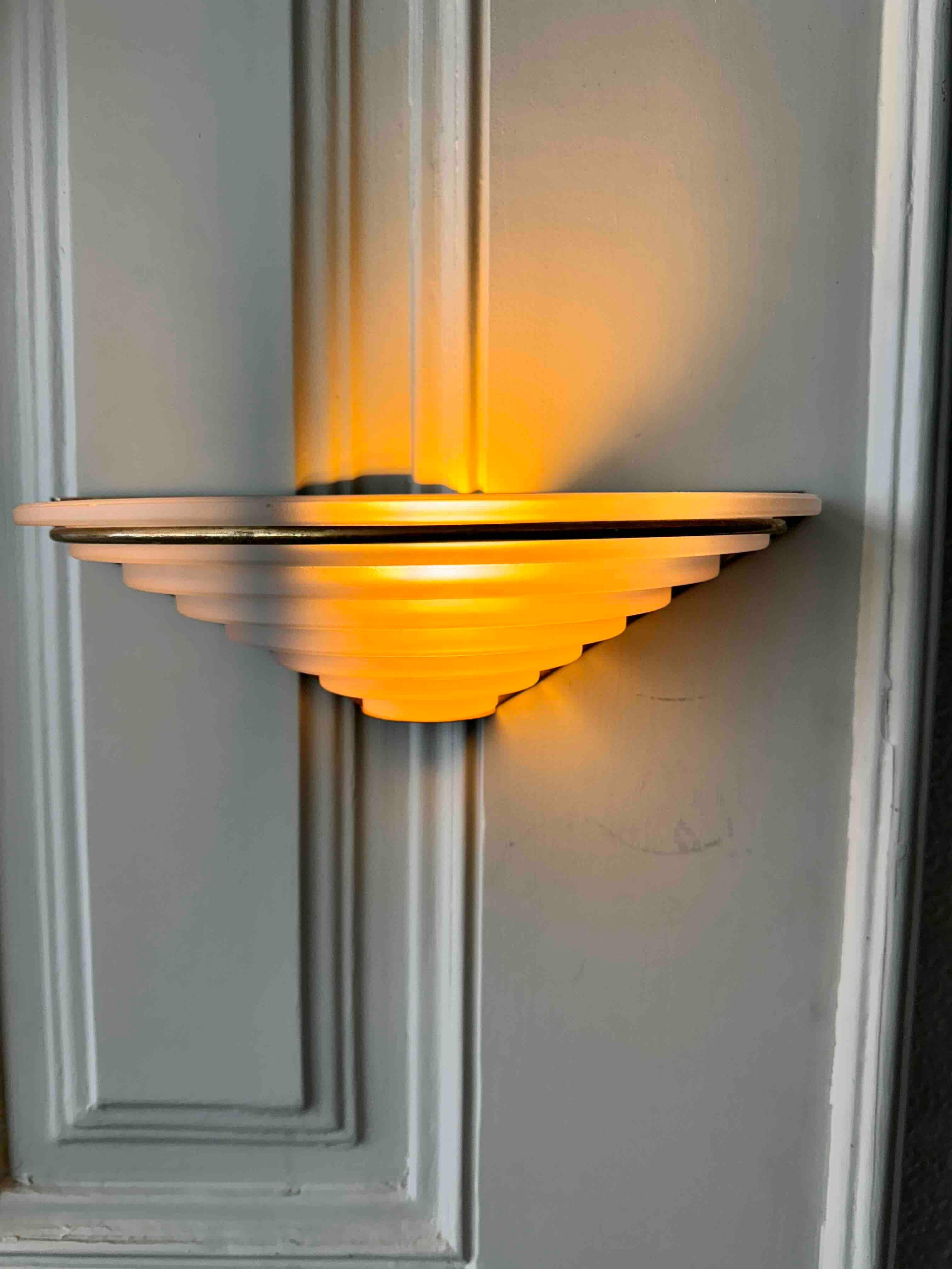 Pair of Art Deco Sconces in Brass and Frosted Glass, 1940's Portugal For Sale 7