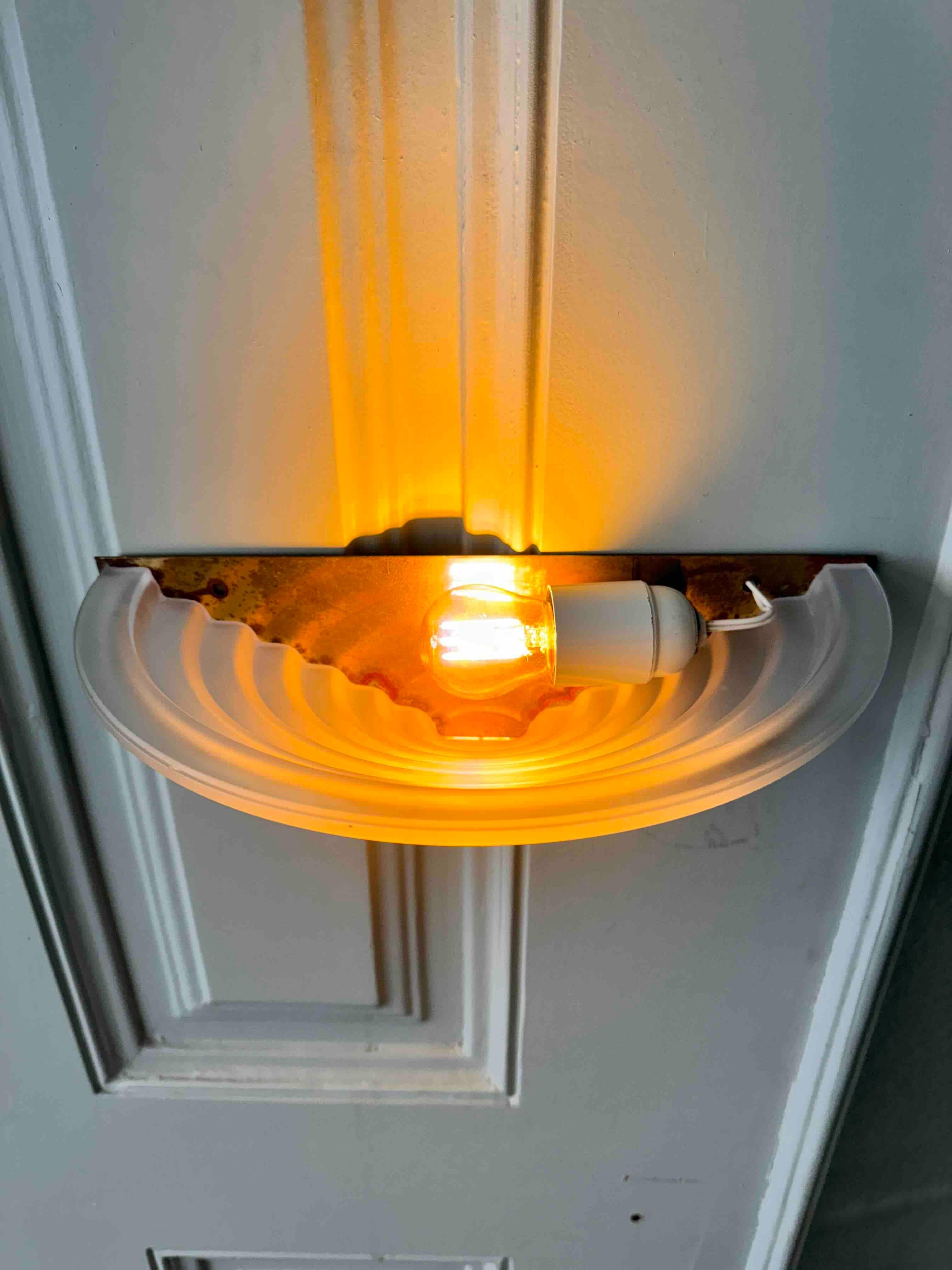 Pair of Art Deco Sconces in Brass and Frosted Glass, 1940's Portugal For Sale 8