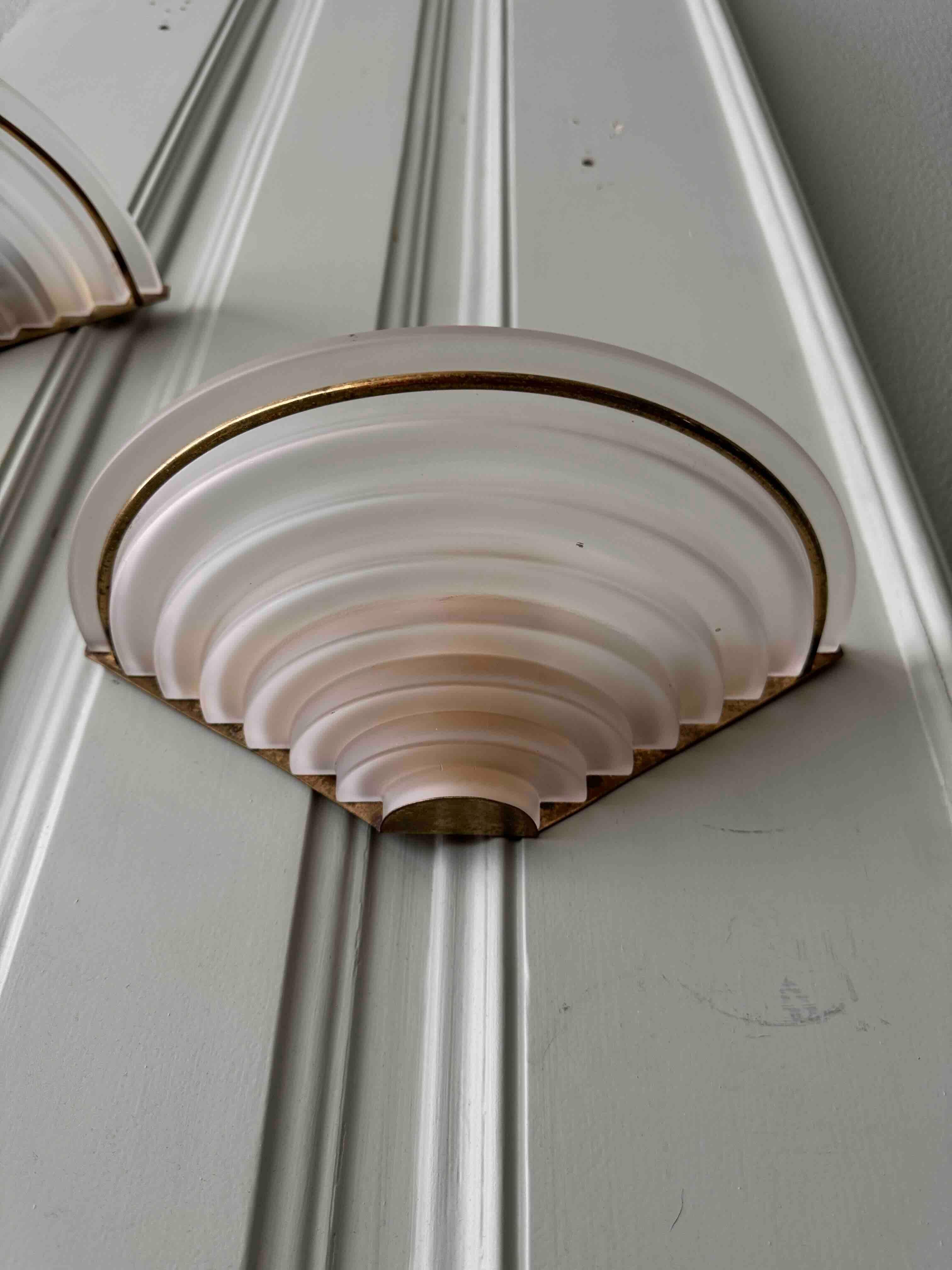 Pair of Art Deco Sconces in Brass and Frosted Glass, 1940's Portugal For Sale 11