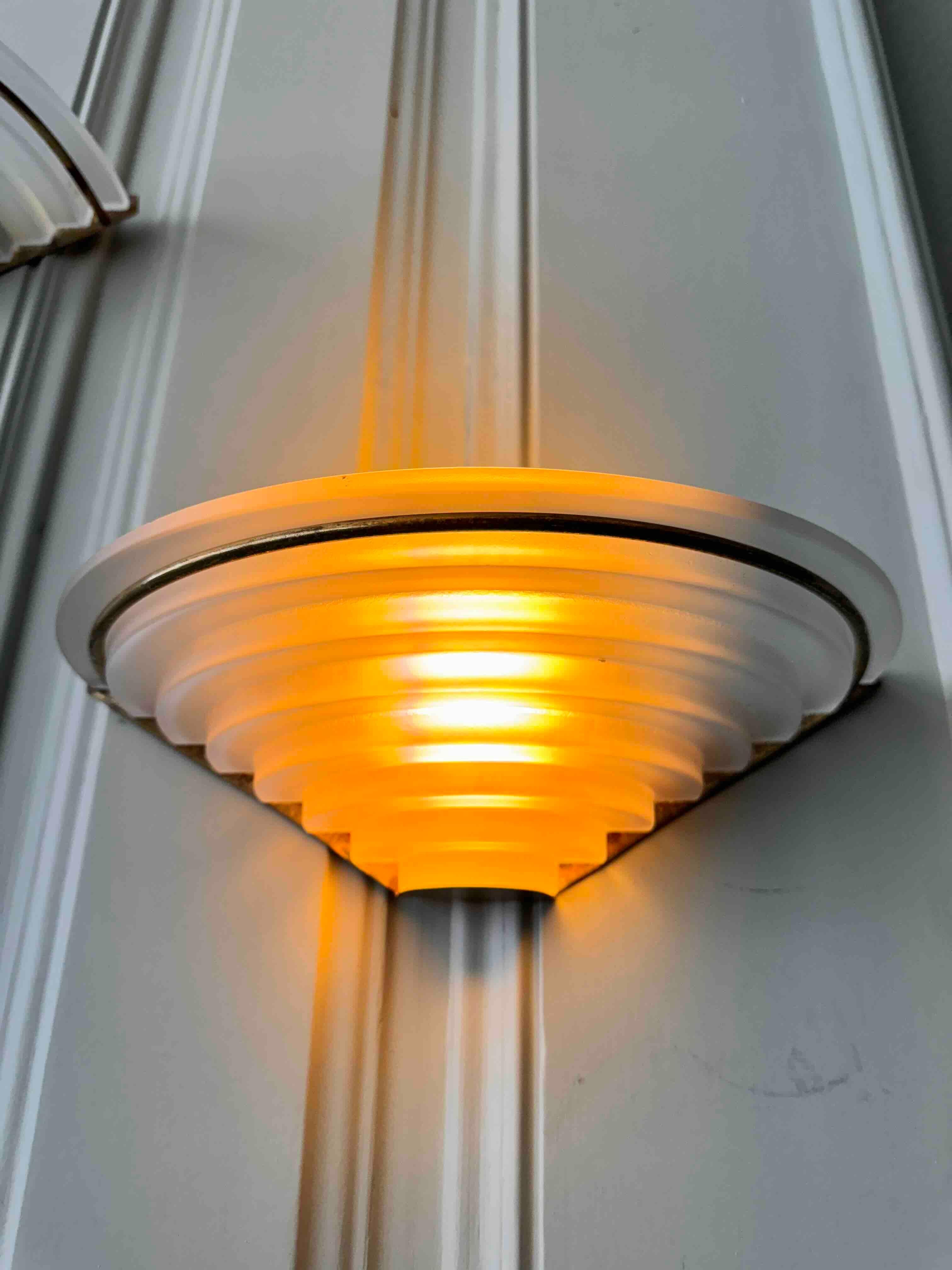 Pair of Art Deco Sconces in Brass and Frosted Glass, 1940's Portugal For Sale 12