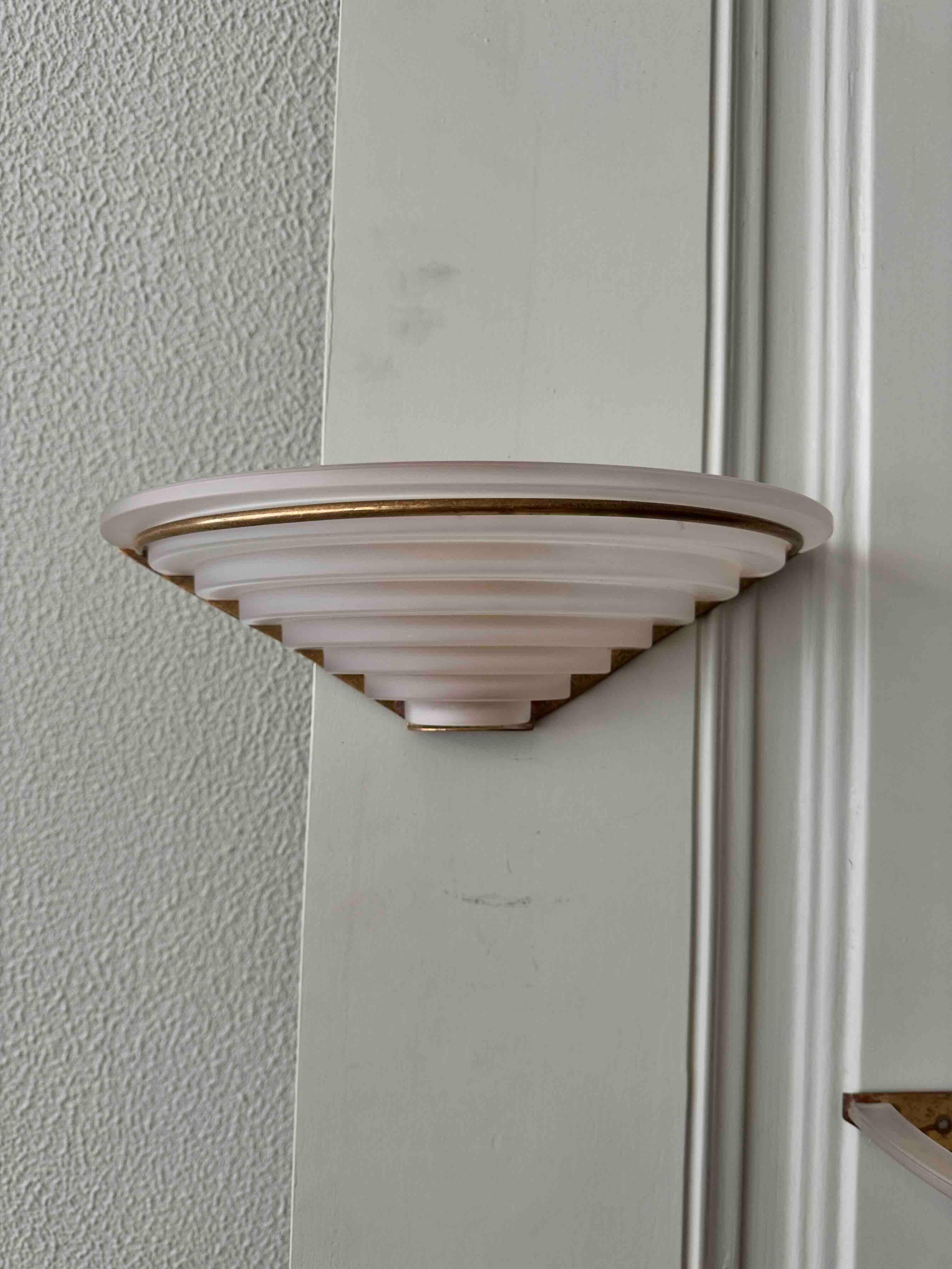 Mid-20th Century Pair of Art Deco Sconces in Brass and Frosted Glass, 1940's Portugal For Sale