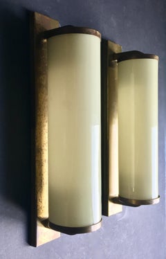 Pair of Art Deco Sconces in Brass and Cased Glass, European