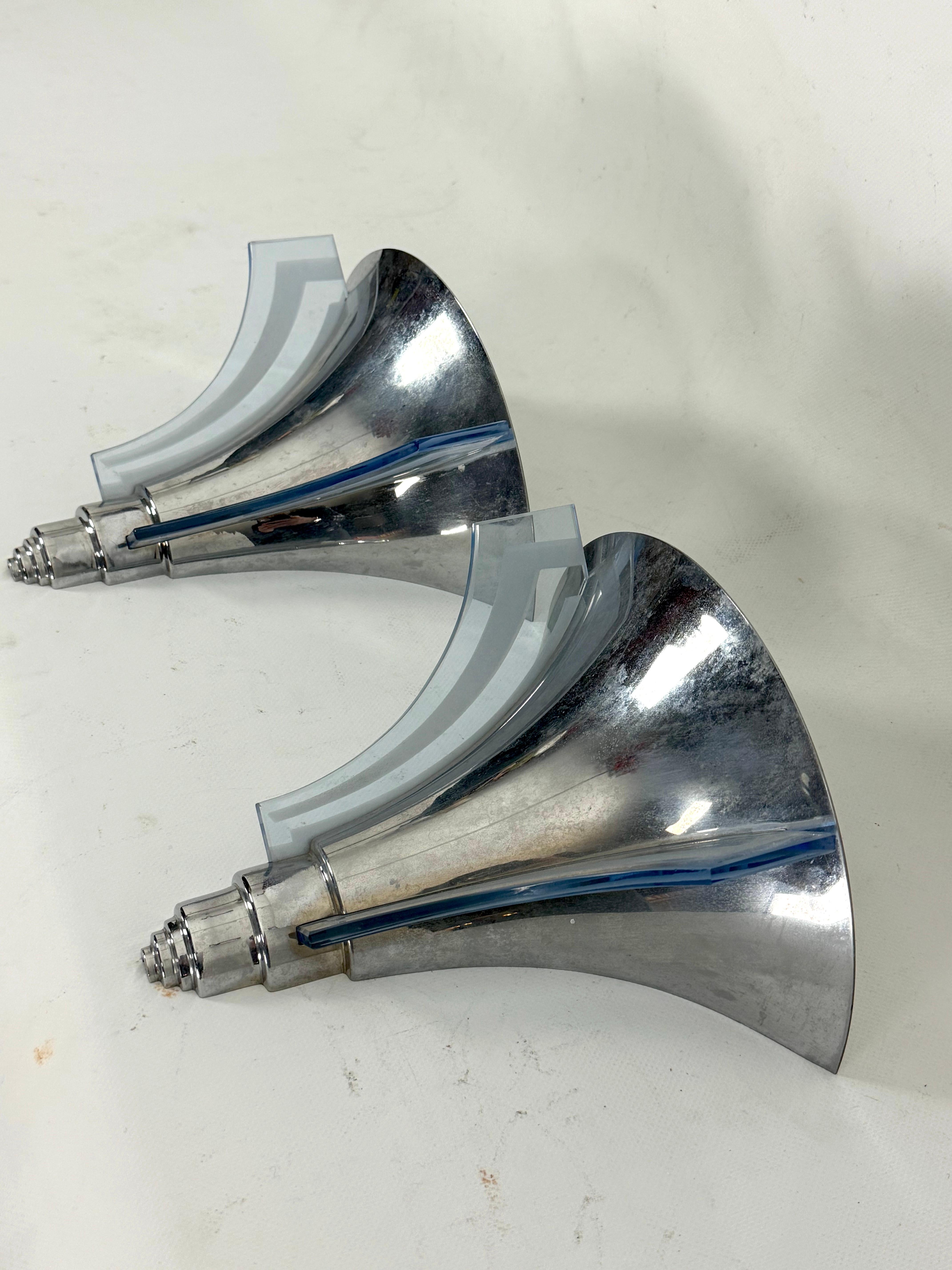 Art Deco Chromed brass and glass sconces produced in Italy during the 30s. Good vintage condition with trace of age and use. No cracks or chips. Full working with EU standard, adaptable on demand for USA standard.
