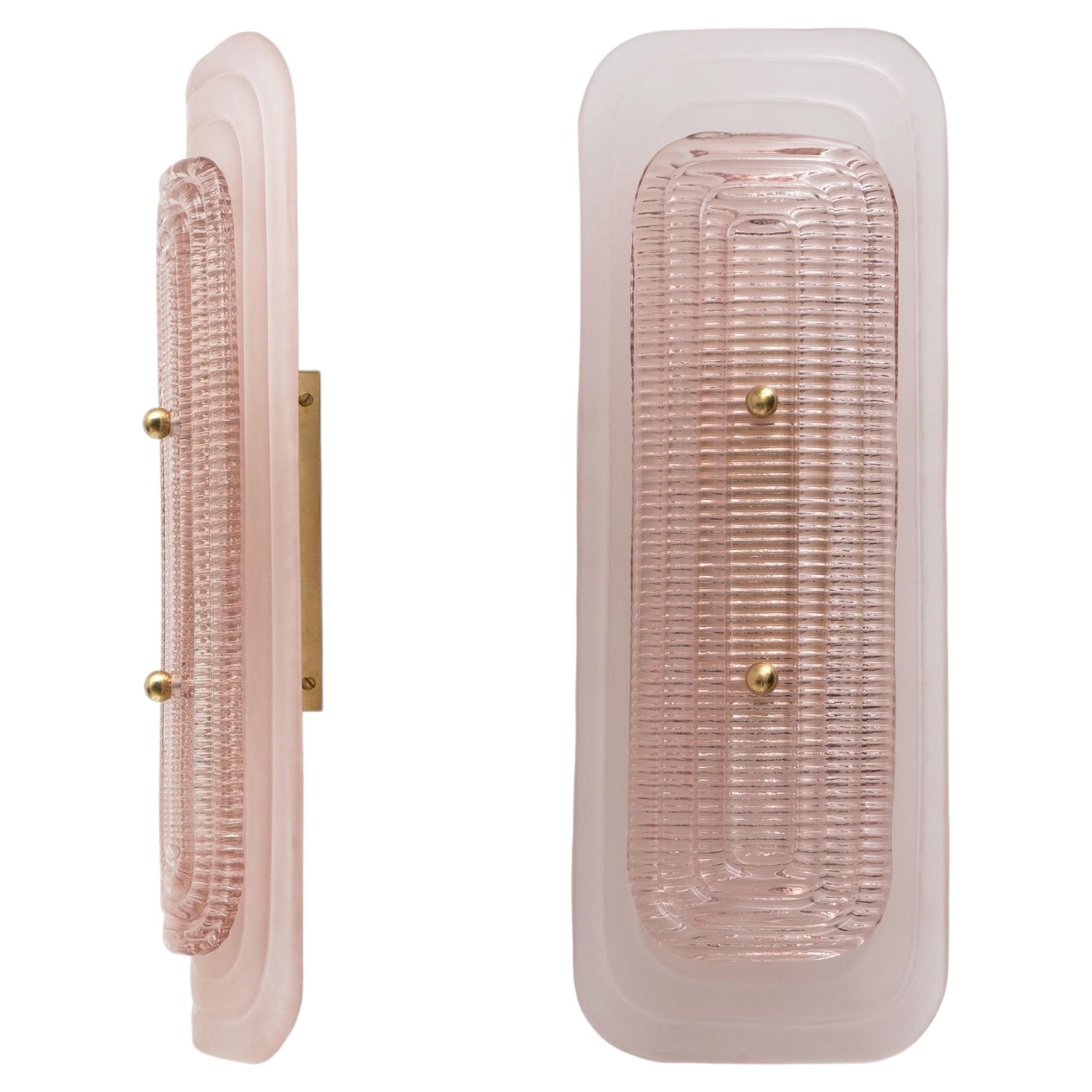 Pair of Art Deco Wall Sconces in Matte and Glossy Pink Murano Glass and Brass