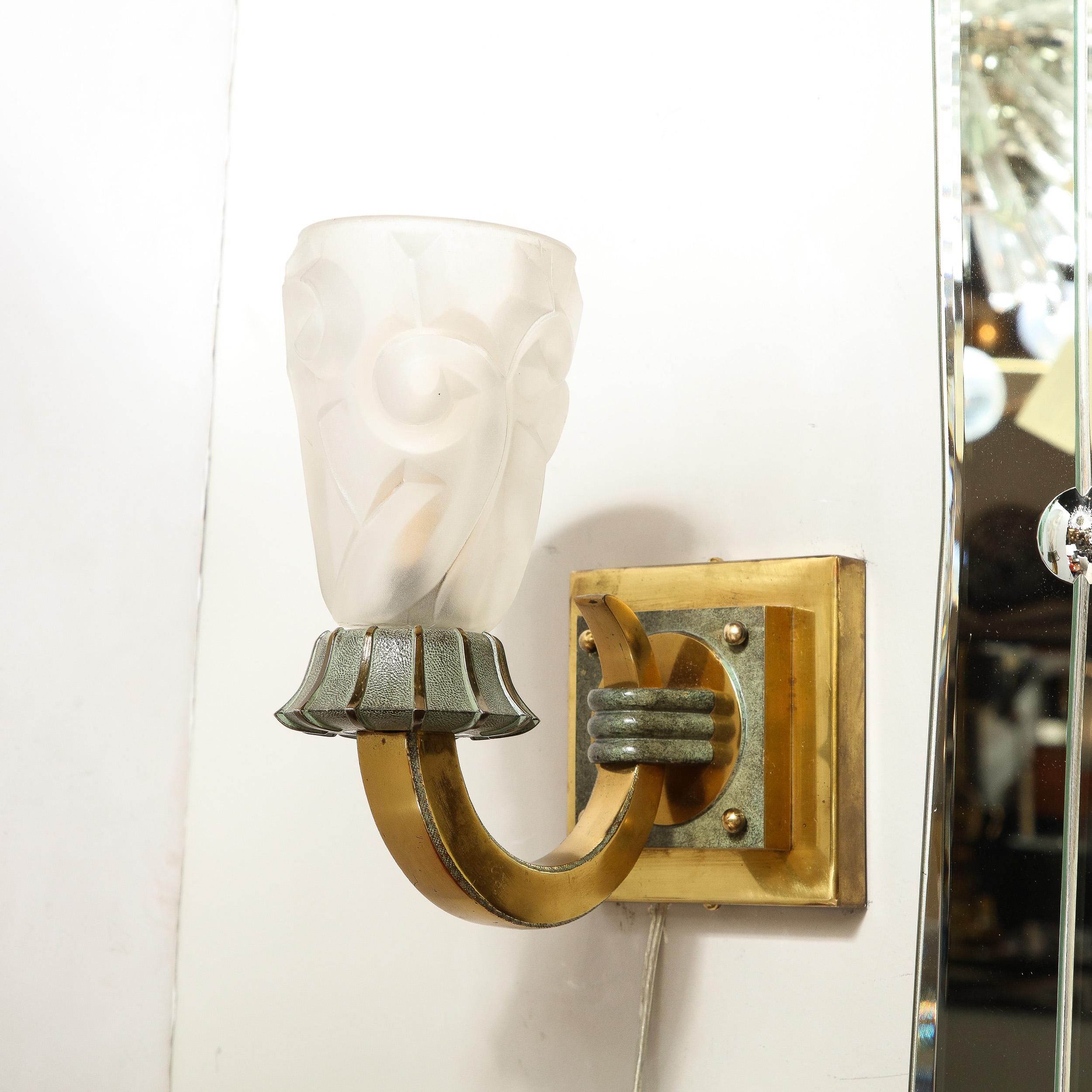 Pair of Art Deco Sconces in Patinated and Polished Brass signed Degué For Sale 6