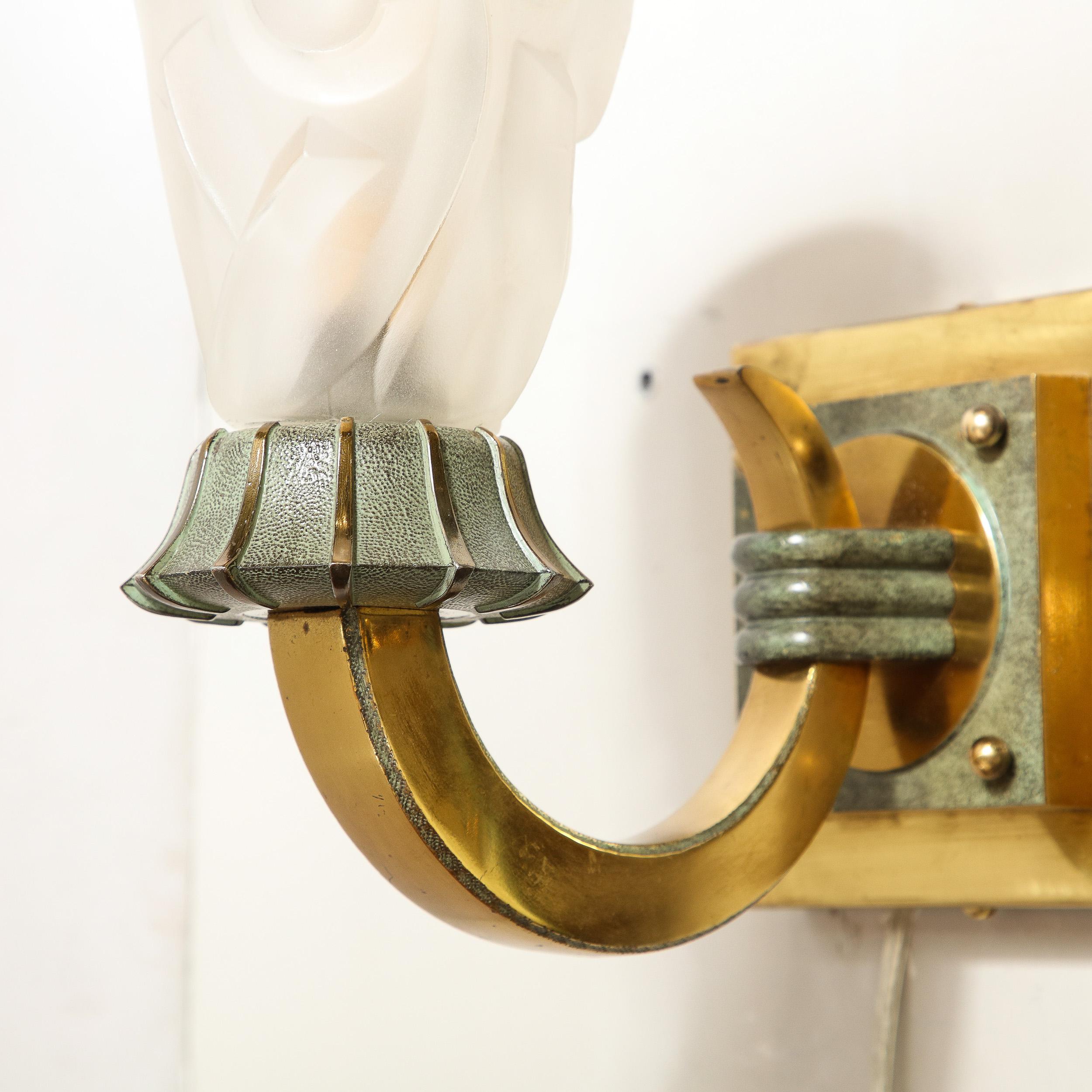 Pair of Art Deco Sconces in Patinated and Polished Brass signed Degué For Sale 7