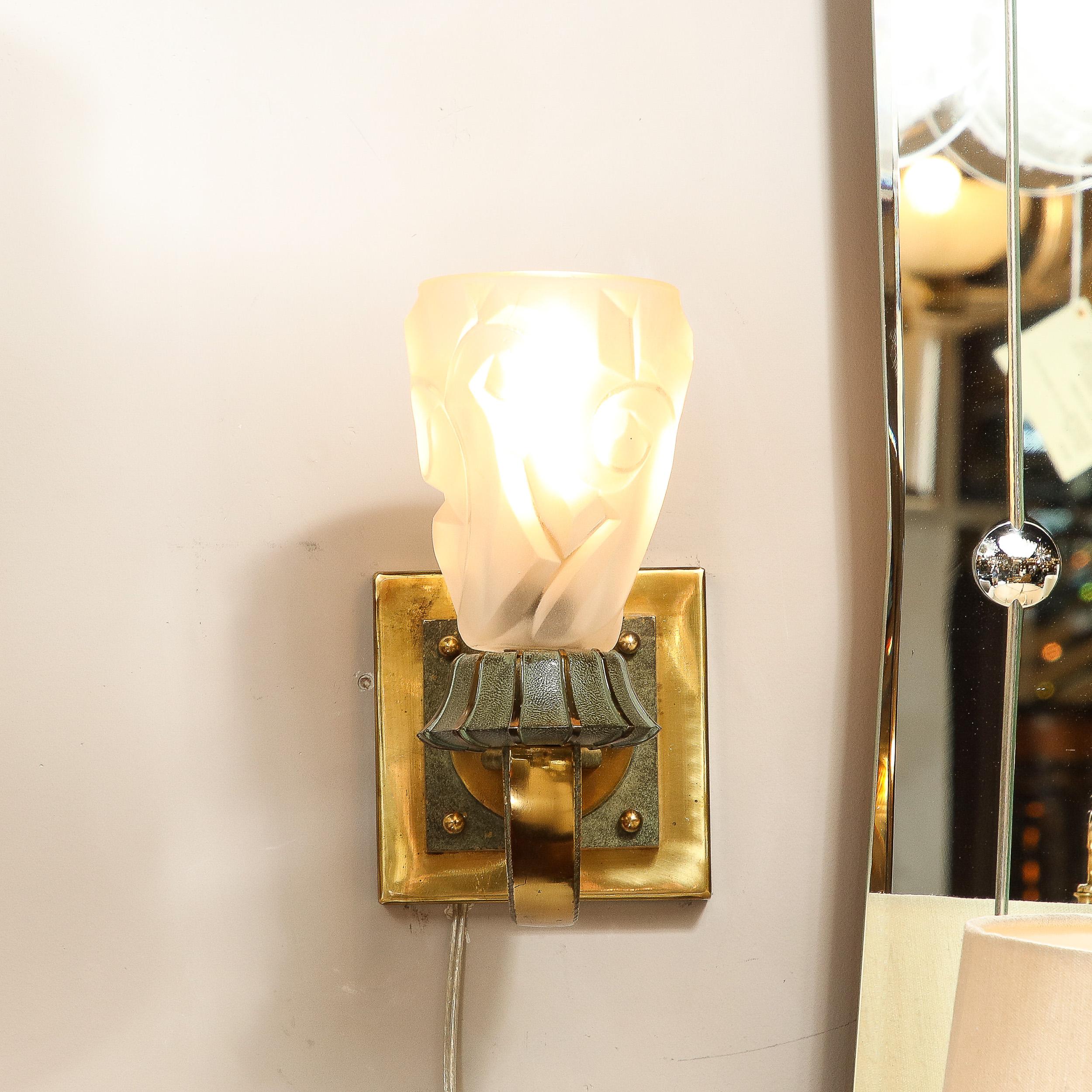 French Pair of Art Deco Sconces in Patinated and Polished Brass signed Degué For Sale
