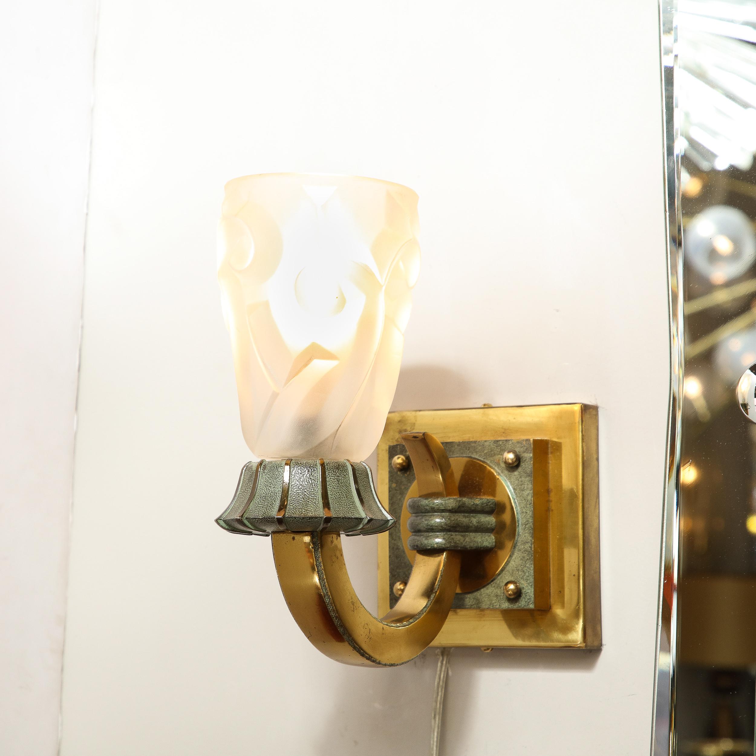 Frosted Pair of Art Deco Sconces in Patinated and Polished Brass signed Degué For Sale