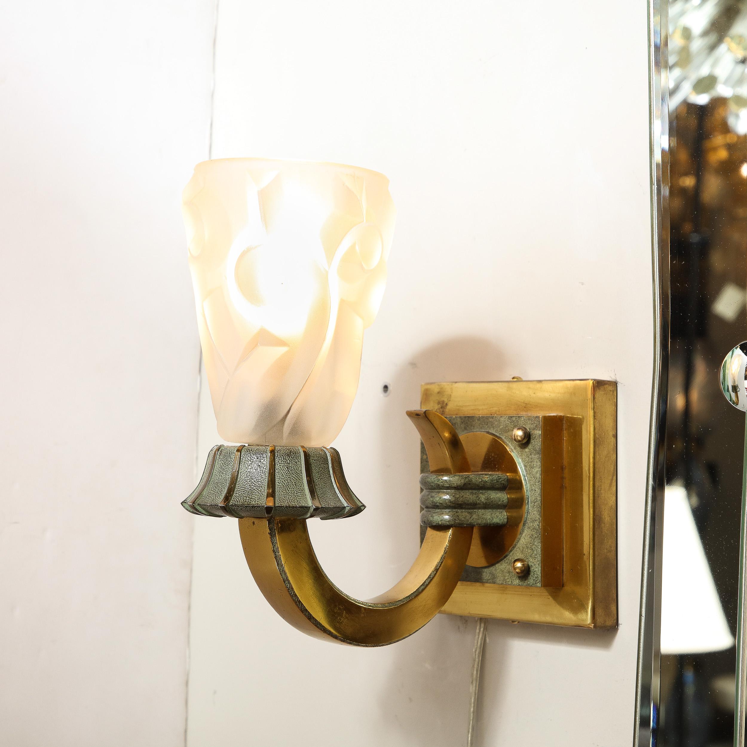 Pair of Art Deco Sconces in Patinated and Polished Brass signed Degué In Excellent Condition For Sale In New York, NY
