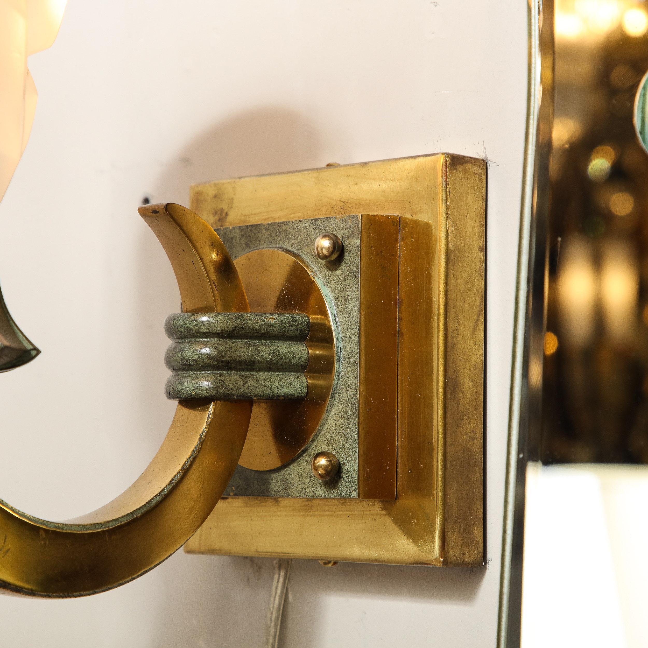 Mid-20th Century Pair of Art Deco Sconces in Patinated and Polished Brass signed Degué For Sale